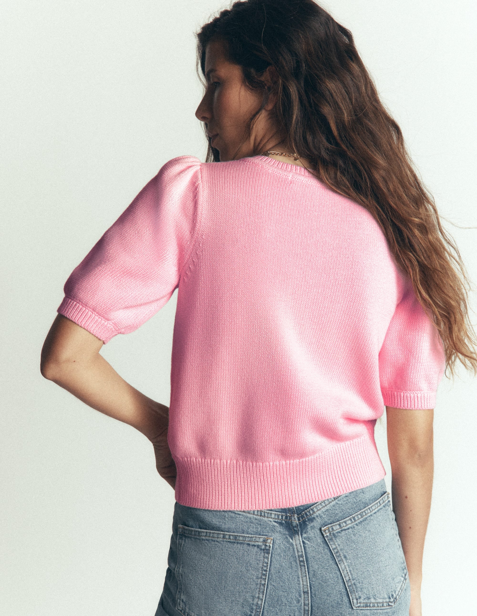 Puff Sleeve Cotton Cardigan-Blossom Pink, Embroidered - Image 4