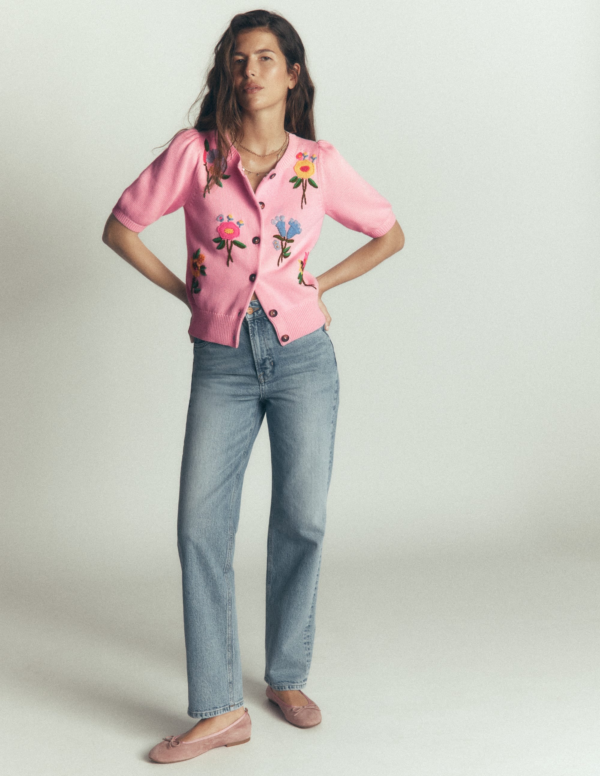 Puff Sleeve Cotton Cardigan-Blossom Pink, Embroidered - Image 5