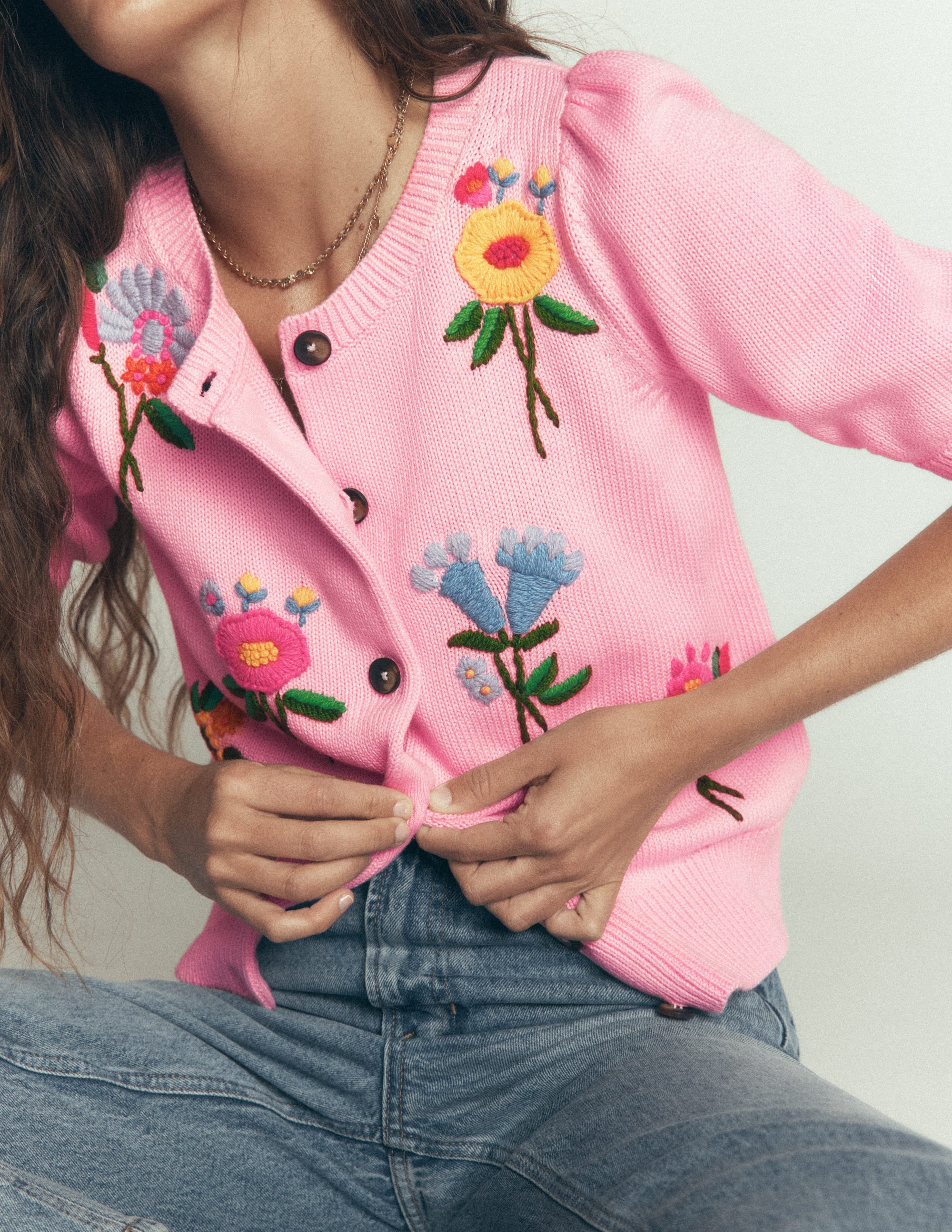 Puff Sleeve Cotton Cardigan-Blossom Pink, Embroidered - Image 7