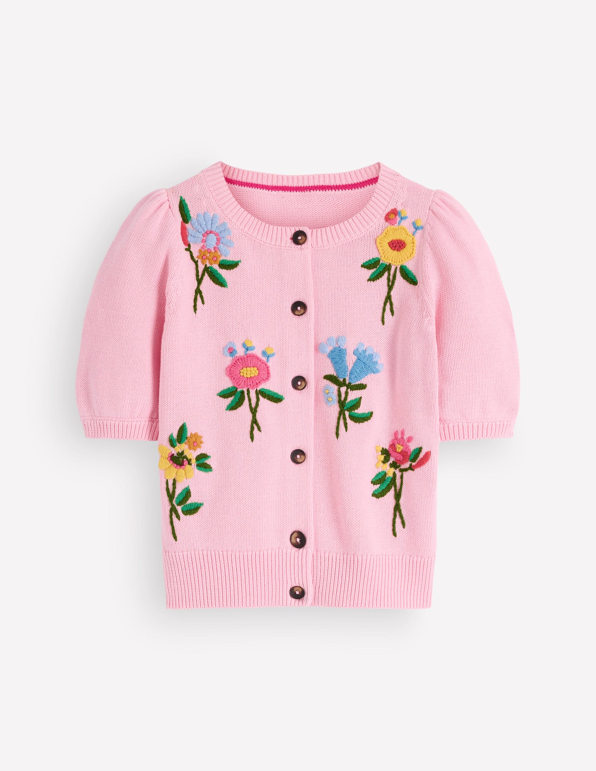 Puff Sleeve Cotton Cardigan-Blossom Pink, Embroidered-9