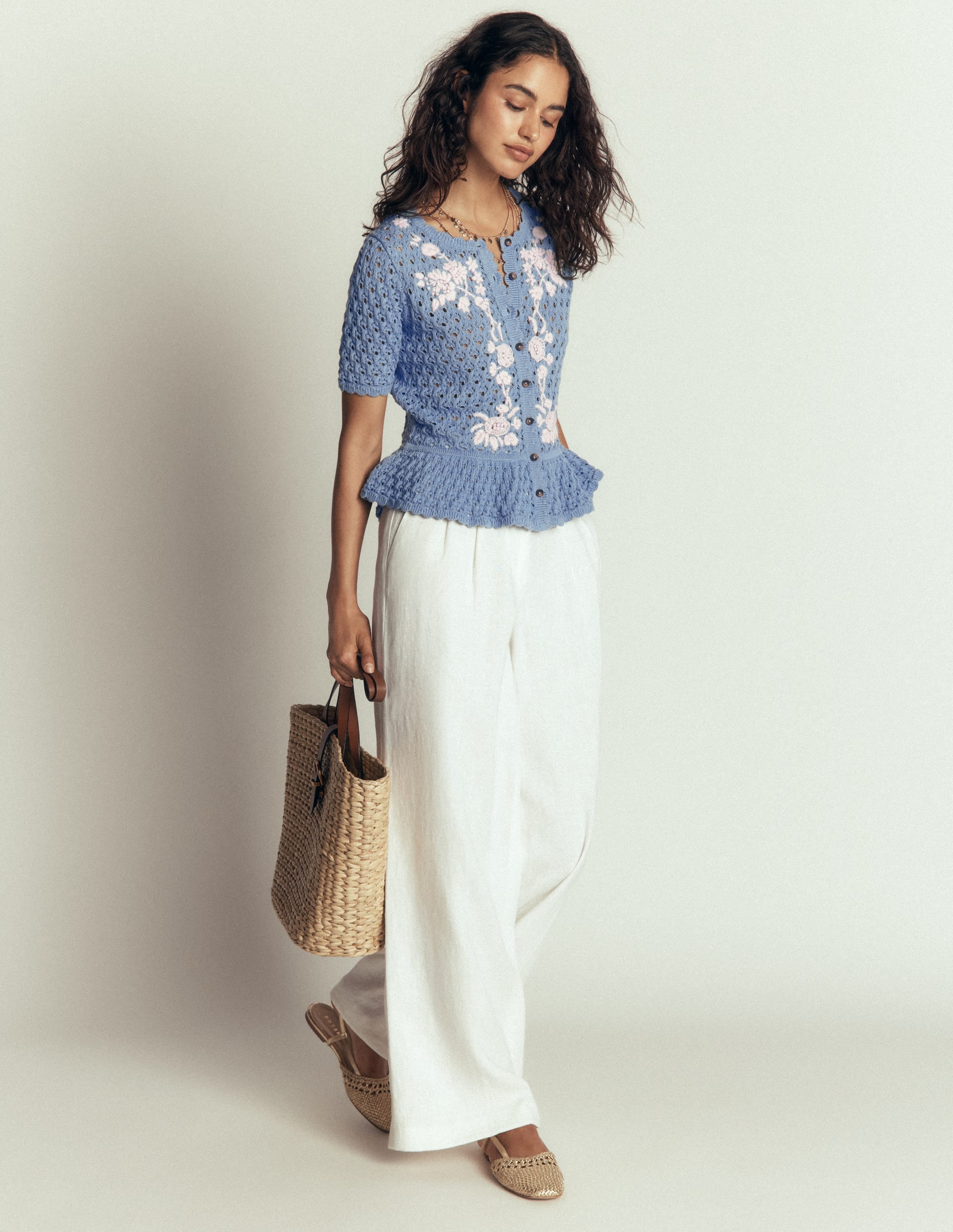 Embroidered Pointelle Cardigan-French Blue Embroidered - Image 4