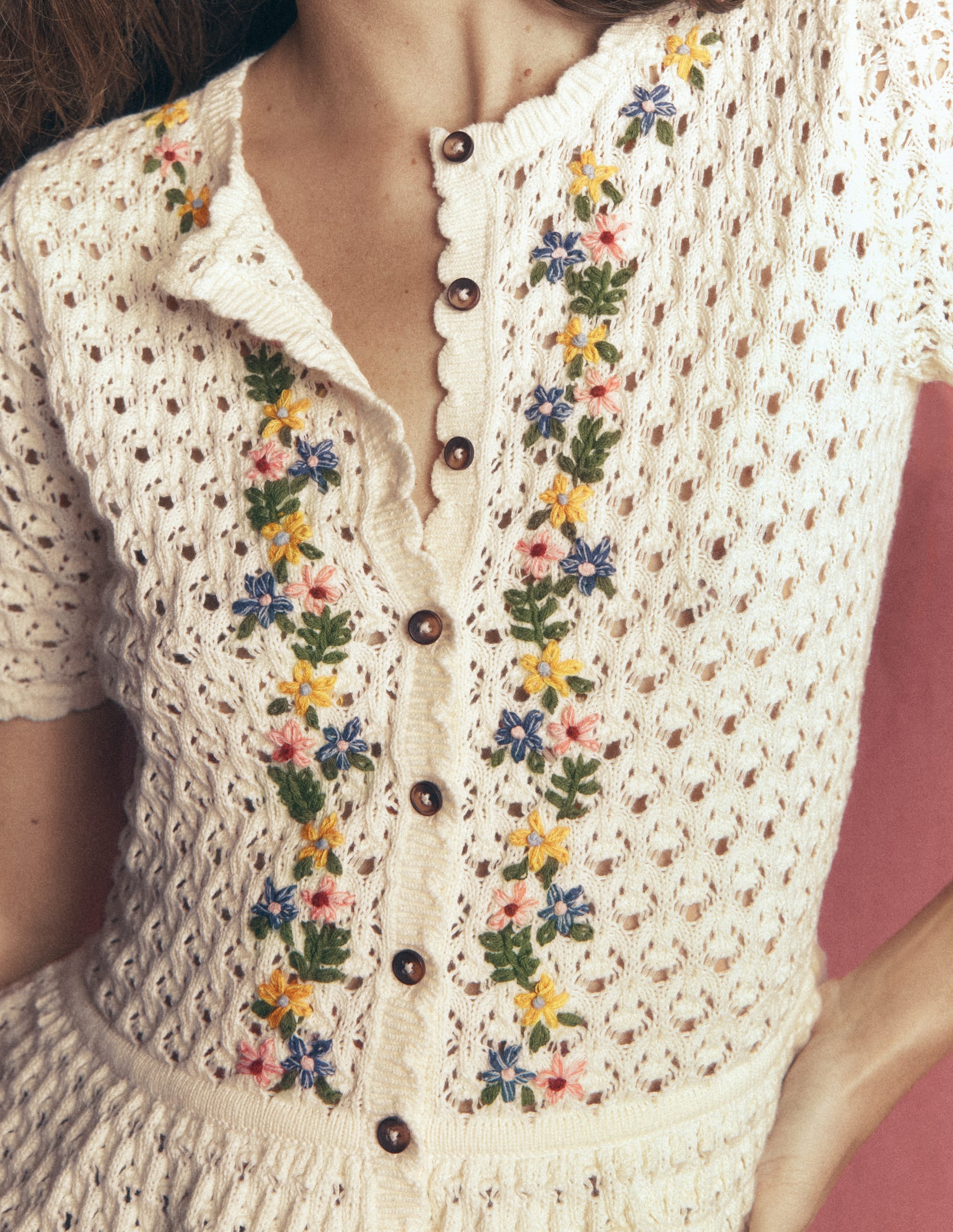 Embroidered Pointelle Cardigan-Ivory Embroidered - Image 2