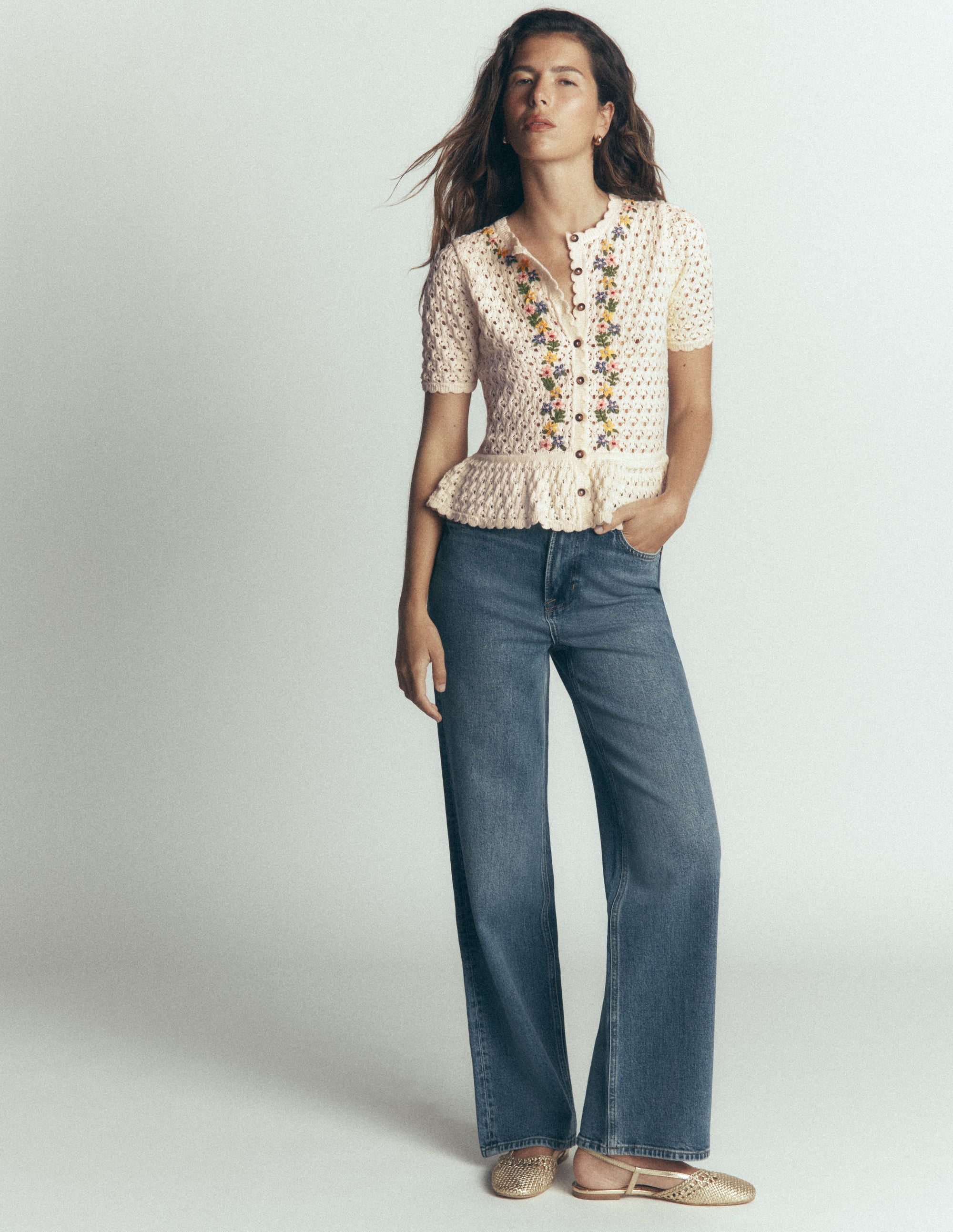 Embroidered Pointelle Cardigan-Ivory Embroidered - Image 4
