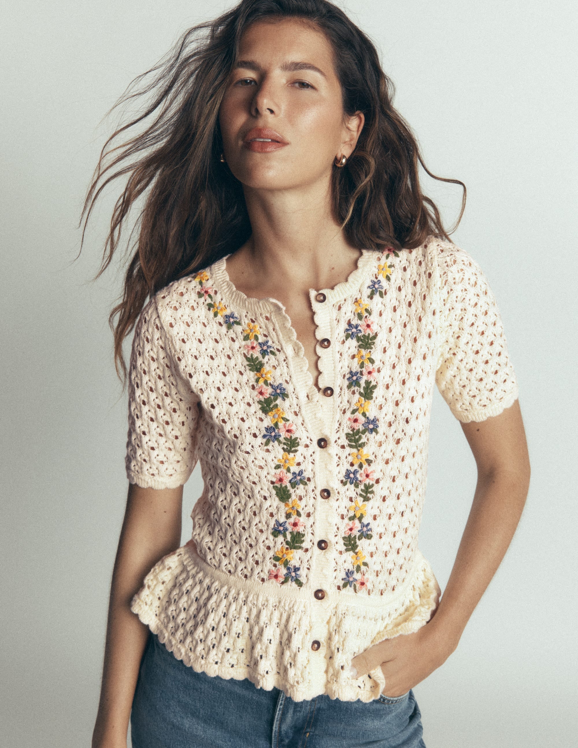Embroidered Pointelle Cardigan-Ivory Embroidered - Image 5