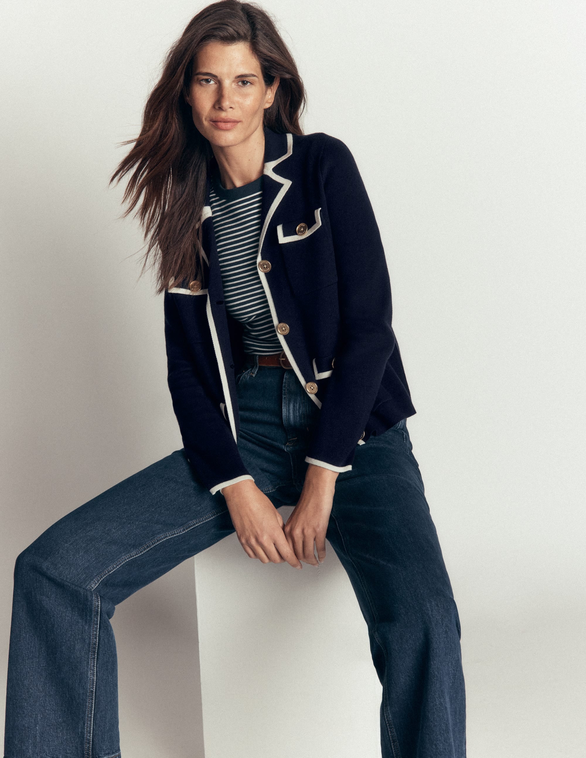 Phoebe Collared Knitted Jacket-Navy - Image 1