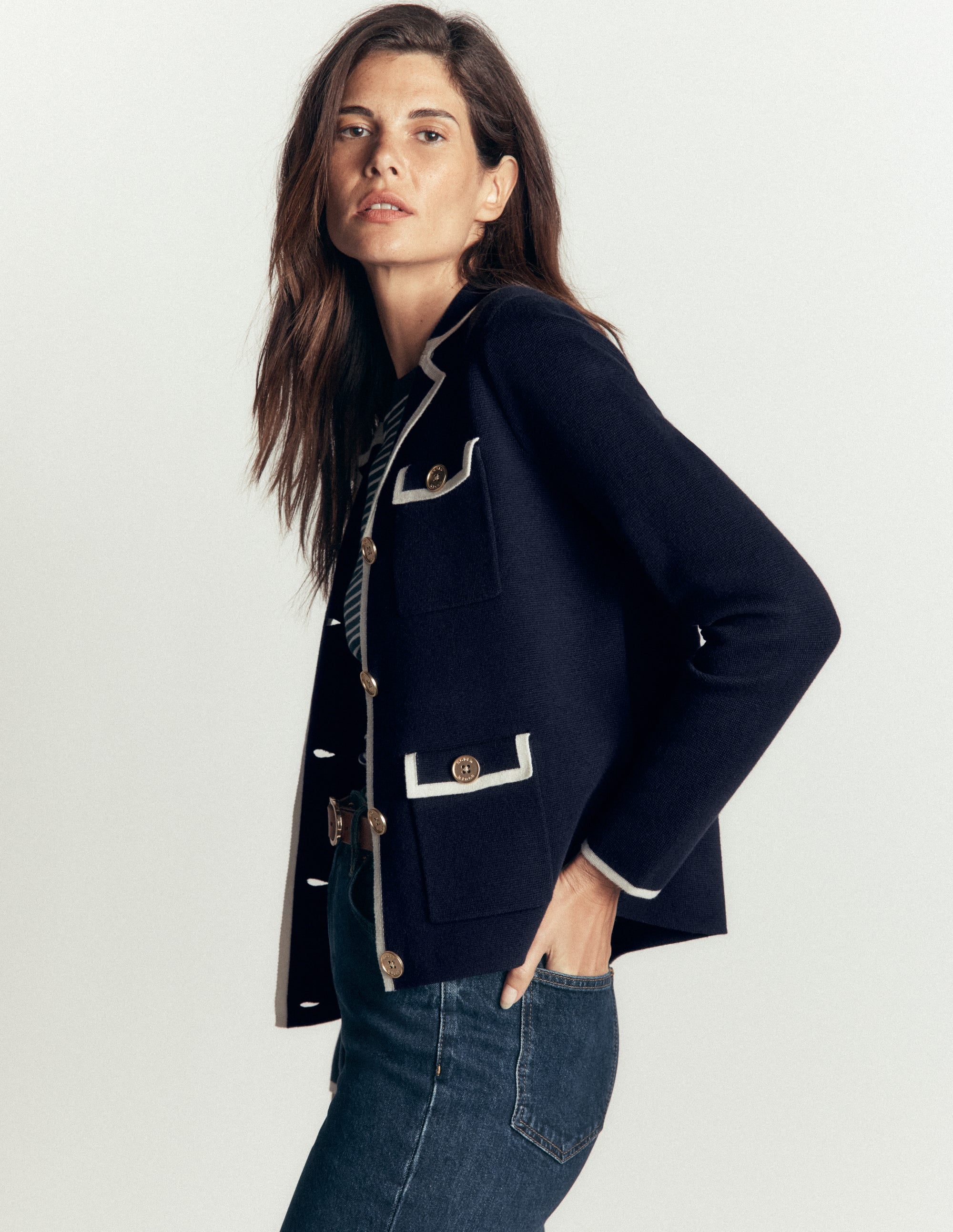 Phoebe Collared Knitted Jacket-Navy - Image 5