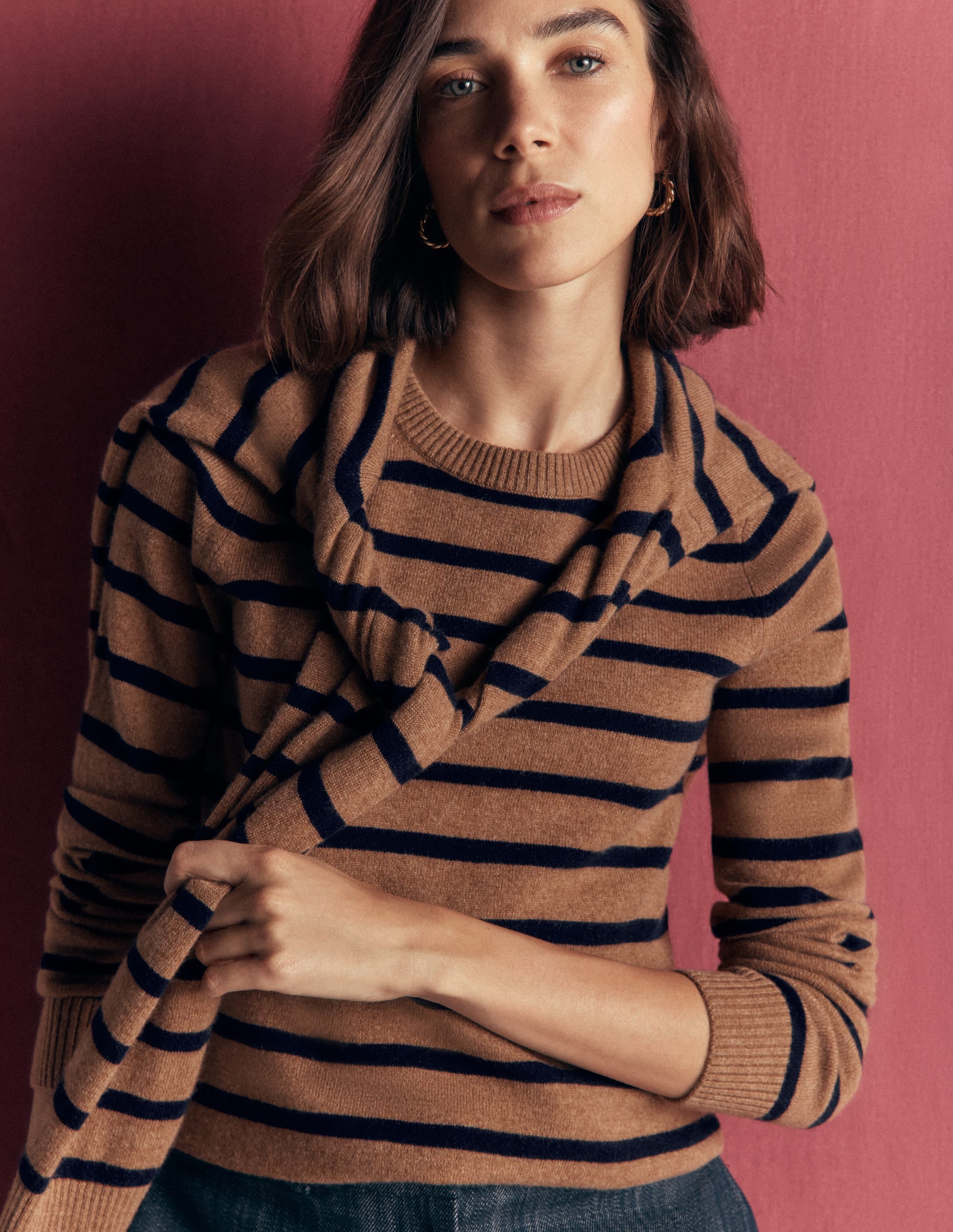 Elsie Cashmere Crew Sweater-Warm Ginger, Stripe - Image 1