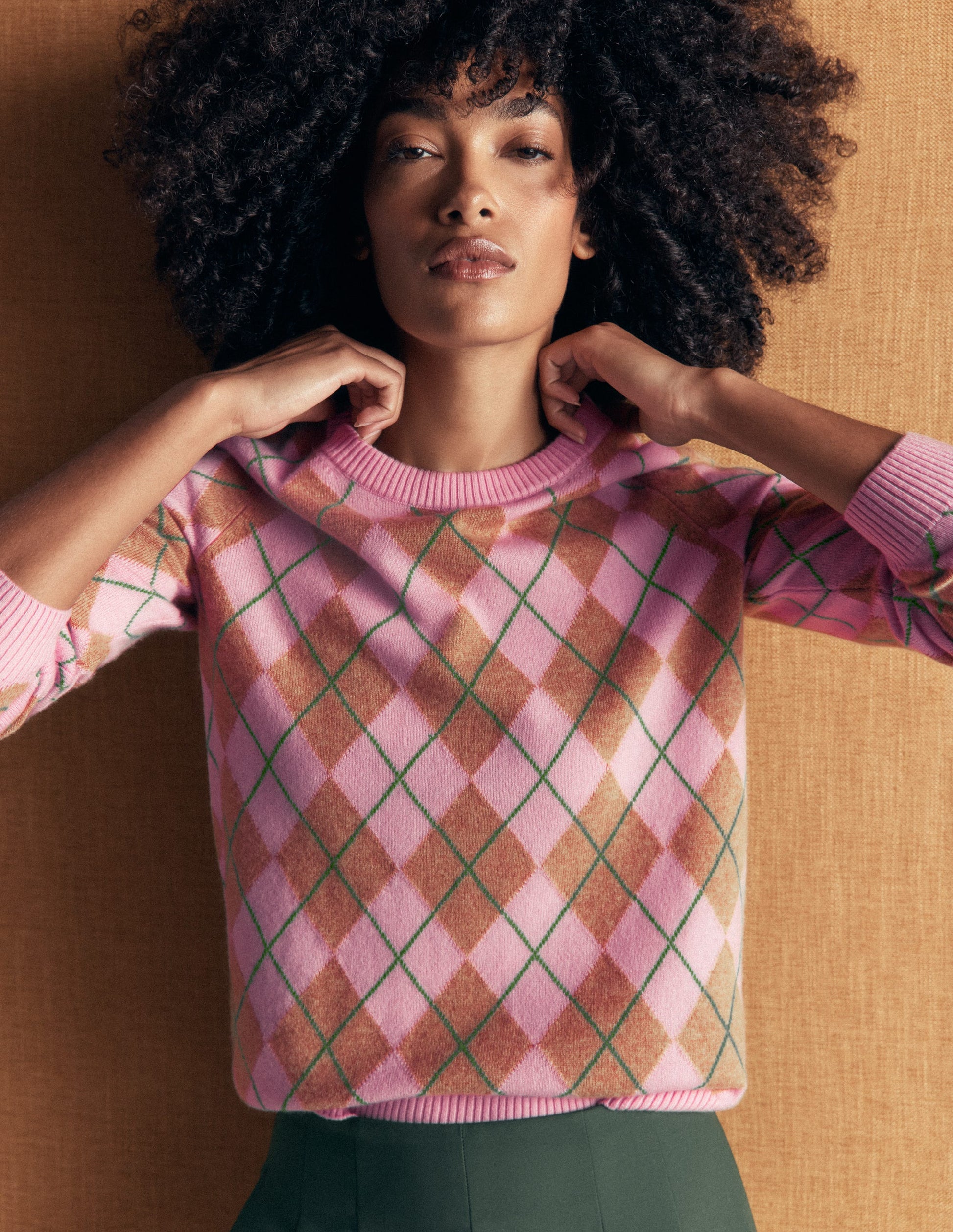 Elsie Cashmere Crew Sweater-Pink Heather, Argyle-3