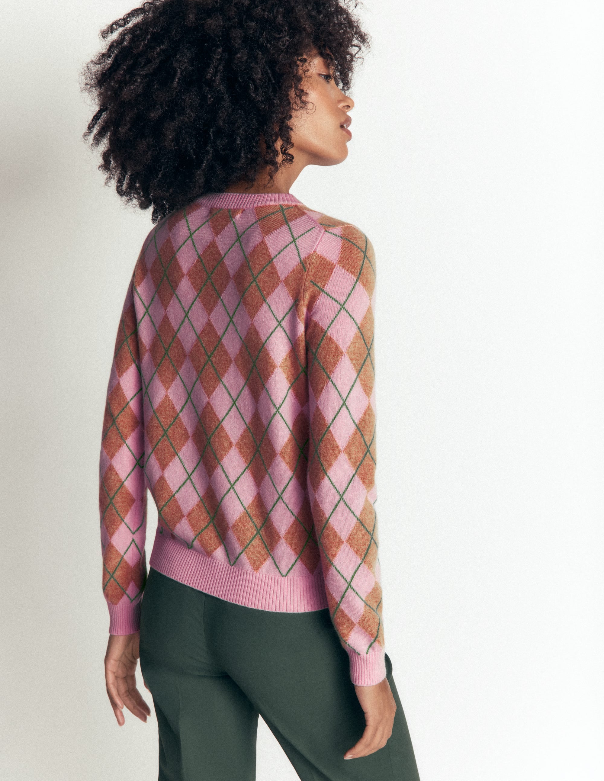 Elsie Cashmere Crew Sweater-Pink Heather, Argyle - Image 4