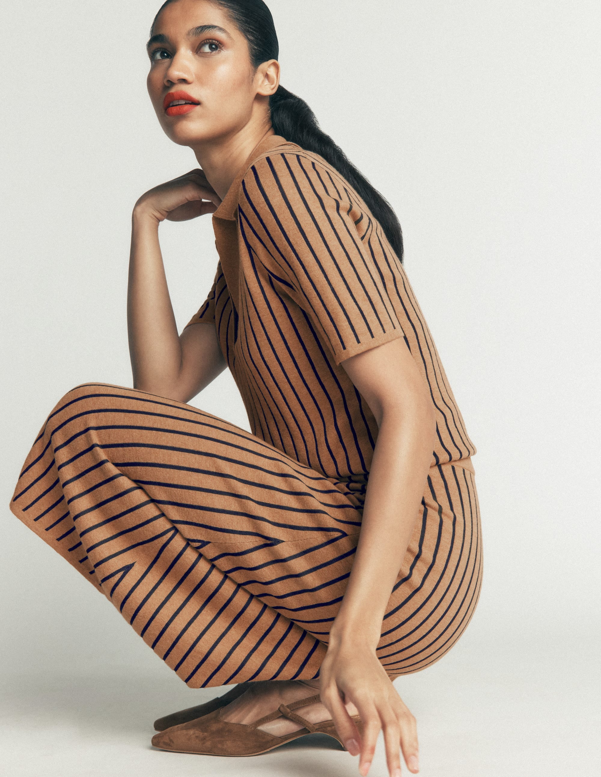 Jacquard Knitted T-Shirt-Camel, Navy Stripe - Image 2