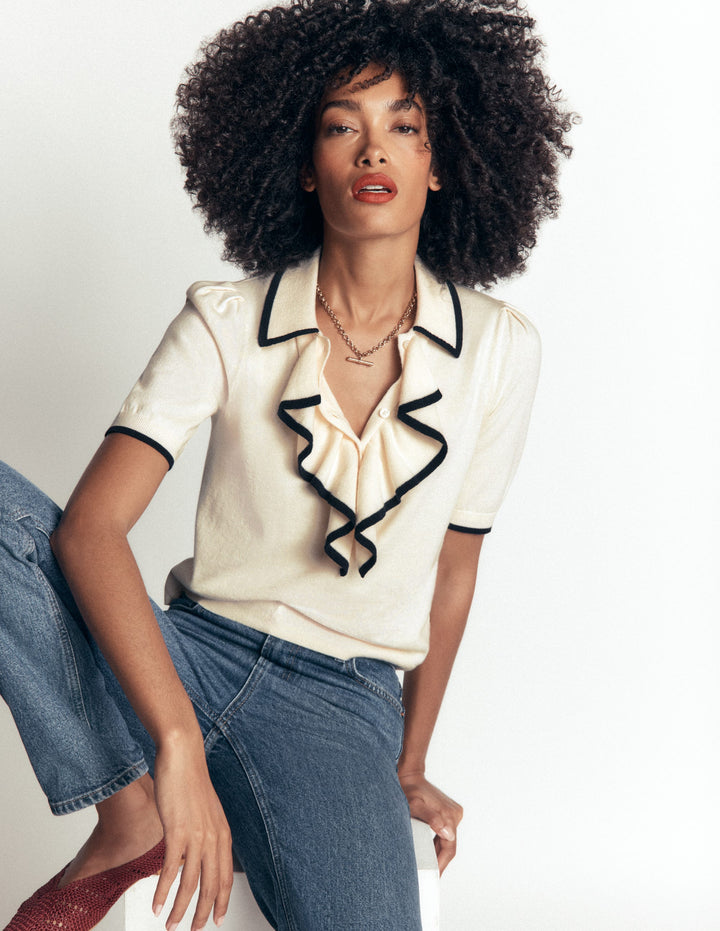 Ruffle Collar Knitted T-Shirt-Warm Ivory