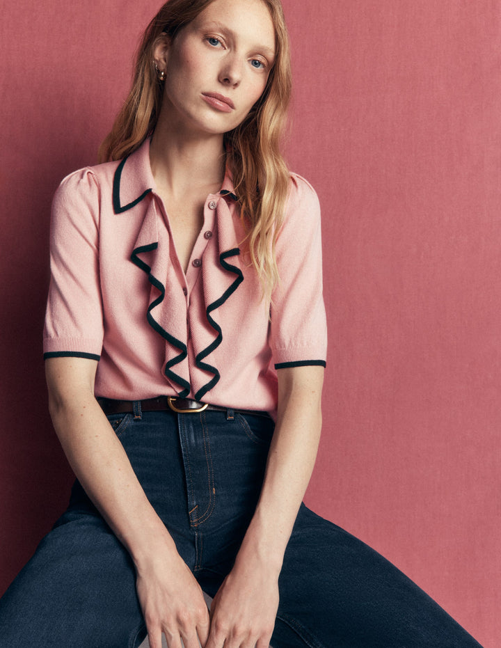 Ruffle Collar Knitted T-Shirt-Blush Ivory