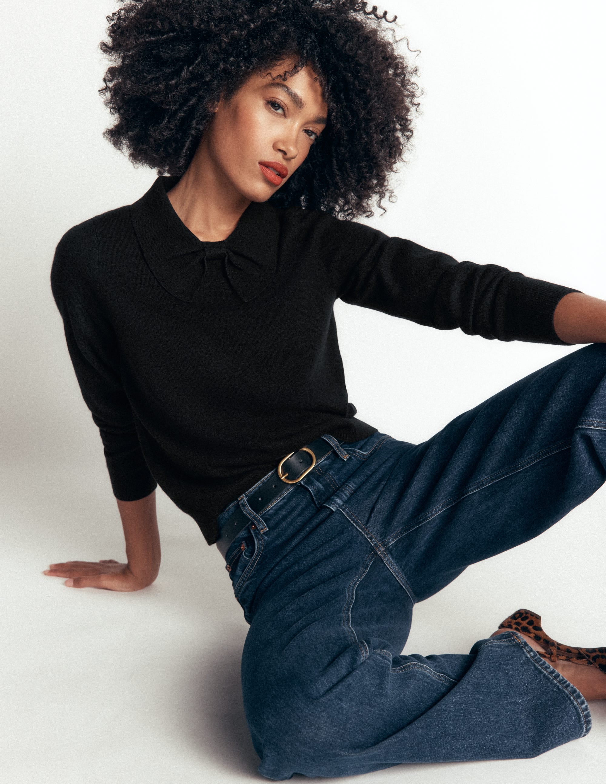 Bow Neck Knitted Sweater-Black - Image 1