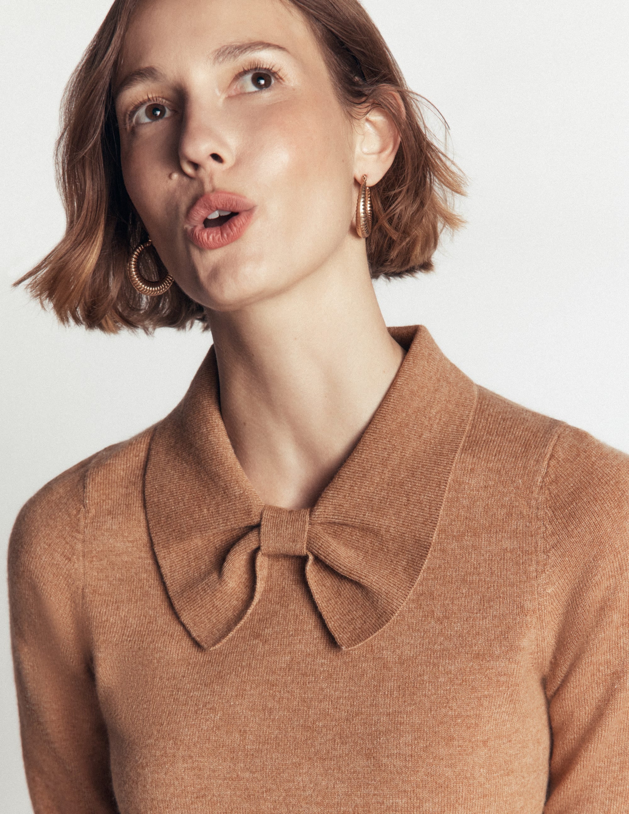 Bow Neck Knitted Sweater-Camel Melange - Image 2
