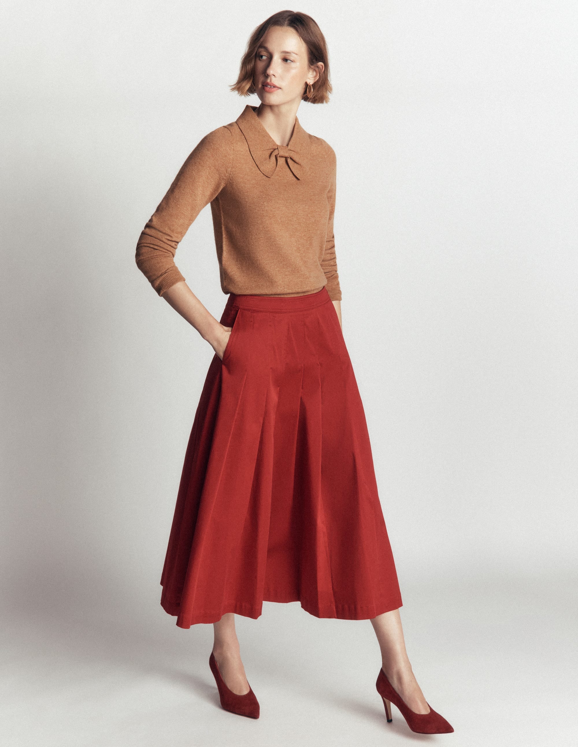 Bow Neck Knitted Sweater-Camel Melange - Image 4