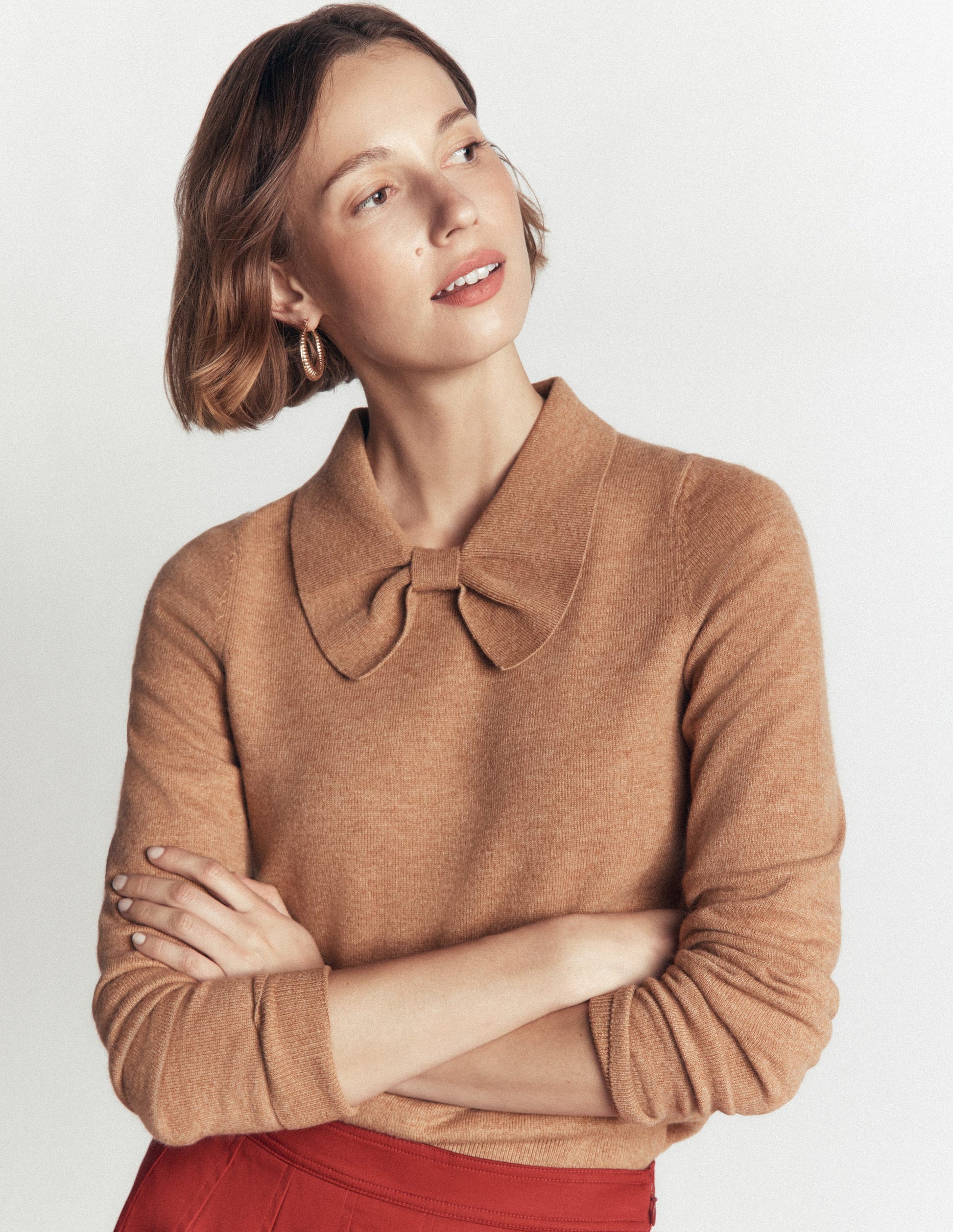 Bow Neck Knitted Sweater-Camel Melange-5