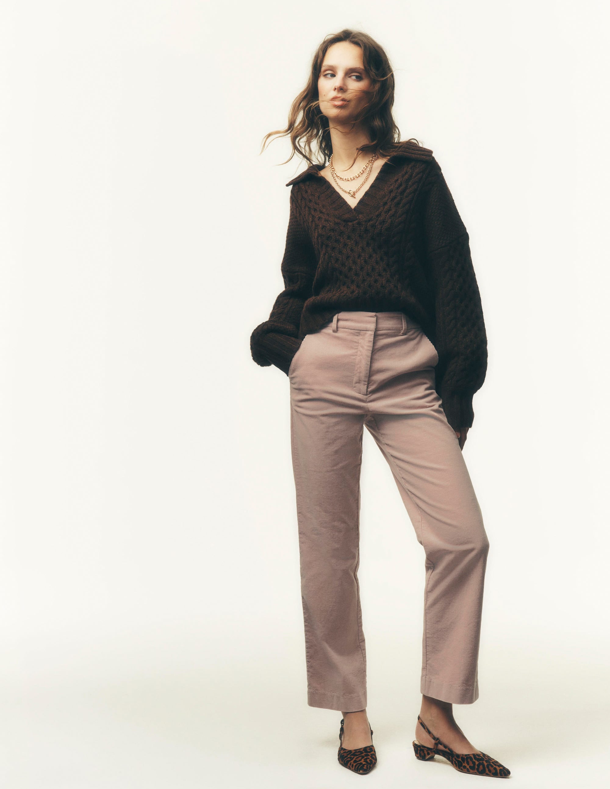 Collared Cable Knit Sweater-Raw Umber - Image 1
