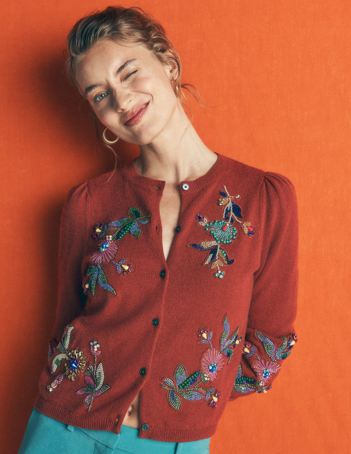 Ria Embellished Knit Cardigan-Gingerbread