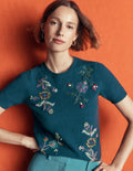 Ria Embellished Knit T-Shirt-Deep Aurora Blue