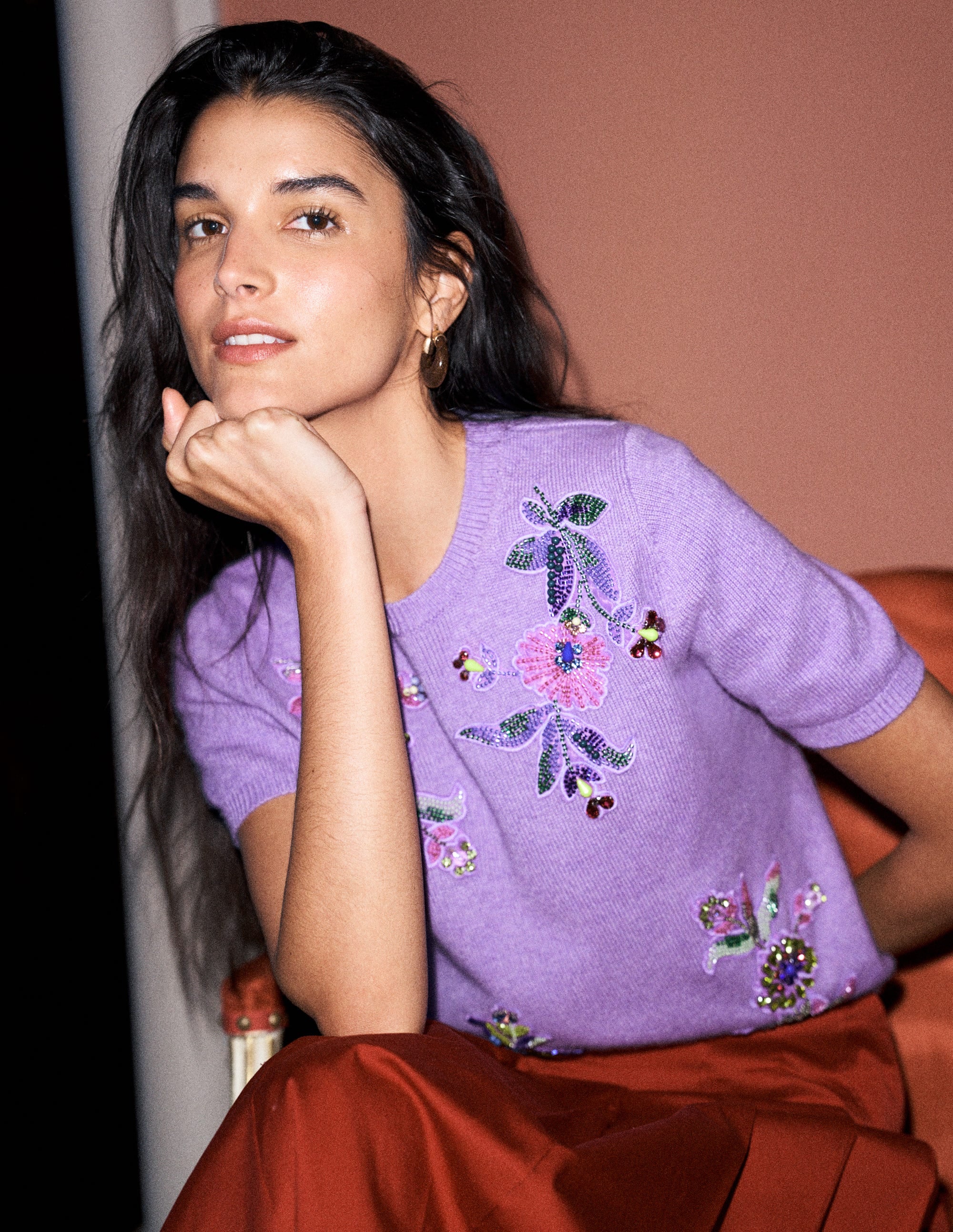 Ria Embellished Knit T-Shirt-Amethyst Purple - Image 1