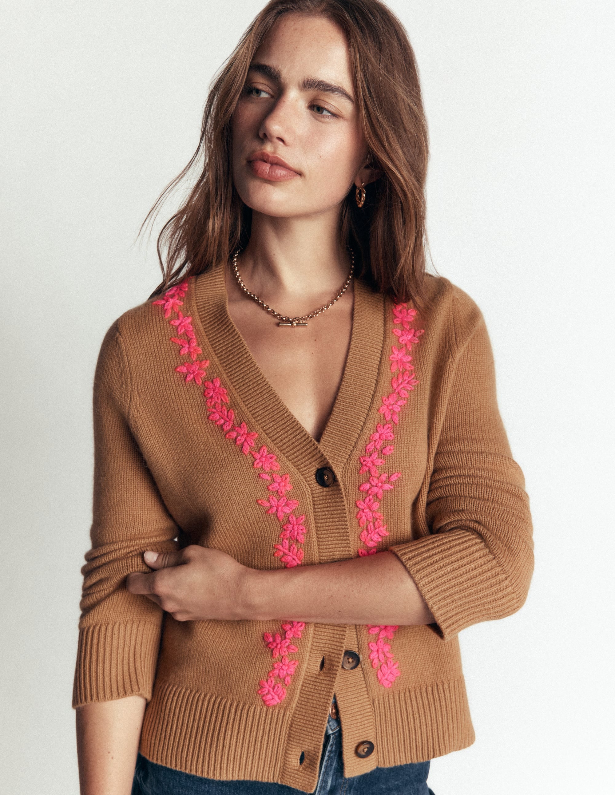 Ella Embroidered Knit Cardigan-Camel, Embroidery - Image 3