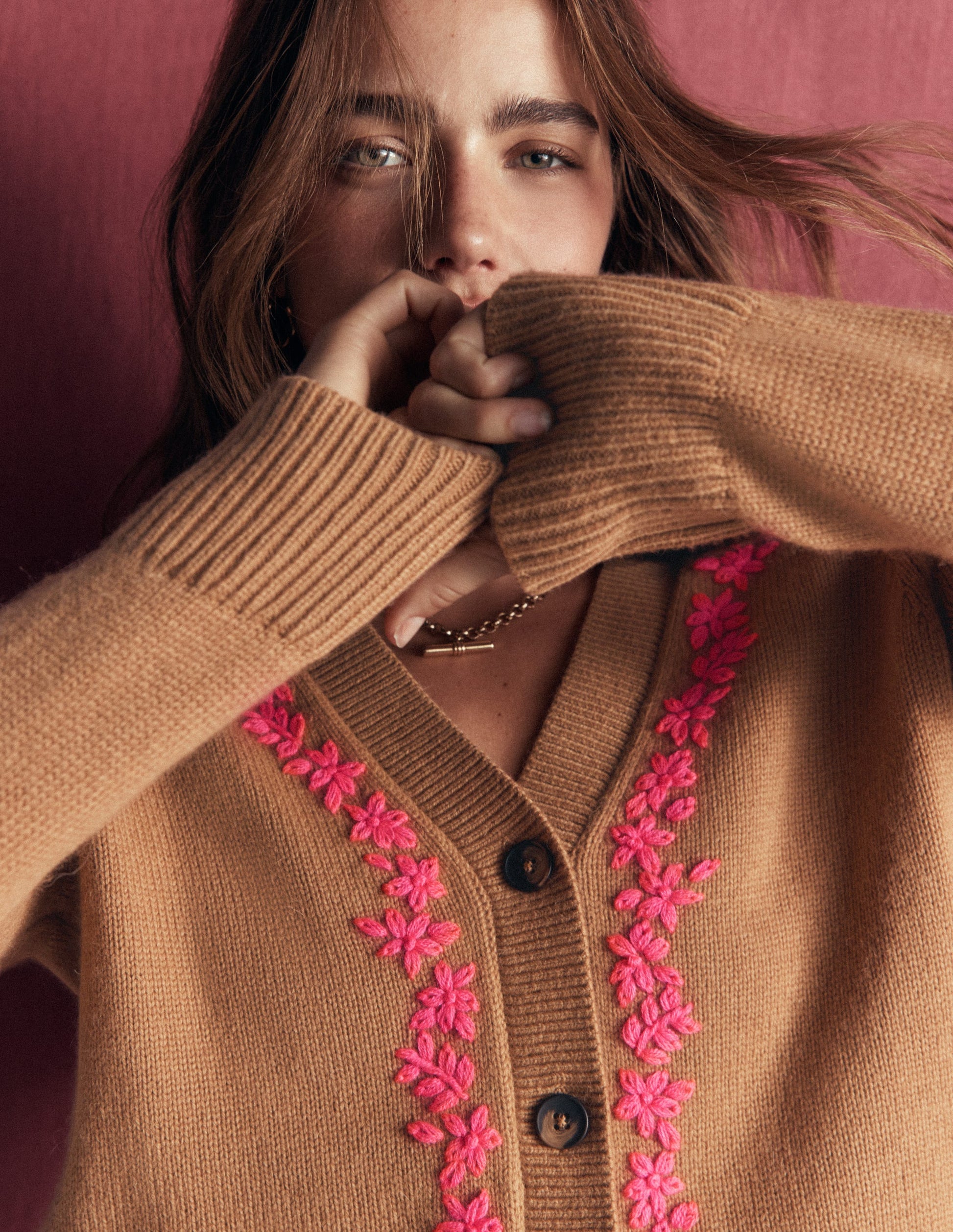 Ella Embroidered Knit Cardigan-Camel, Embroidery-6