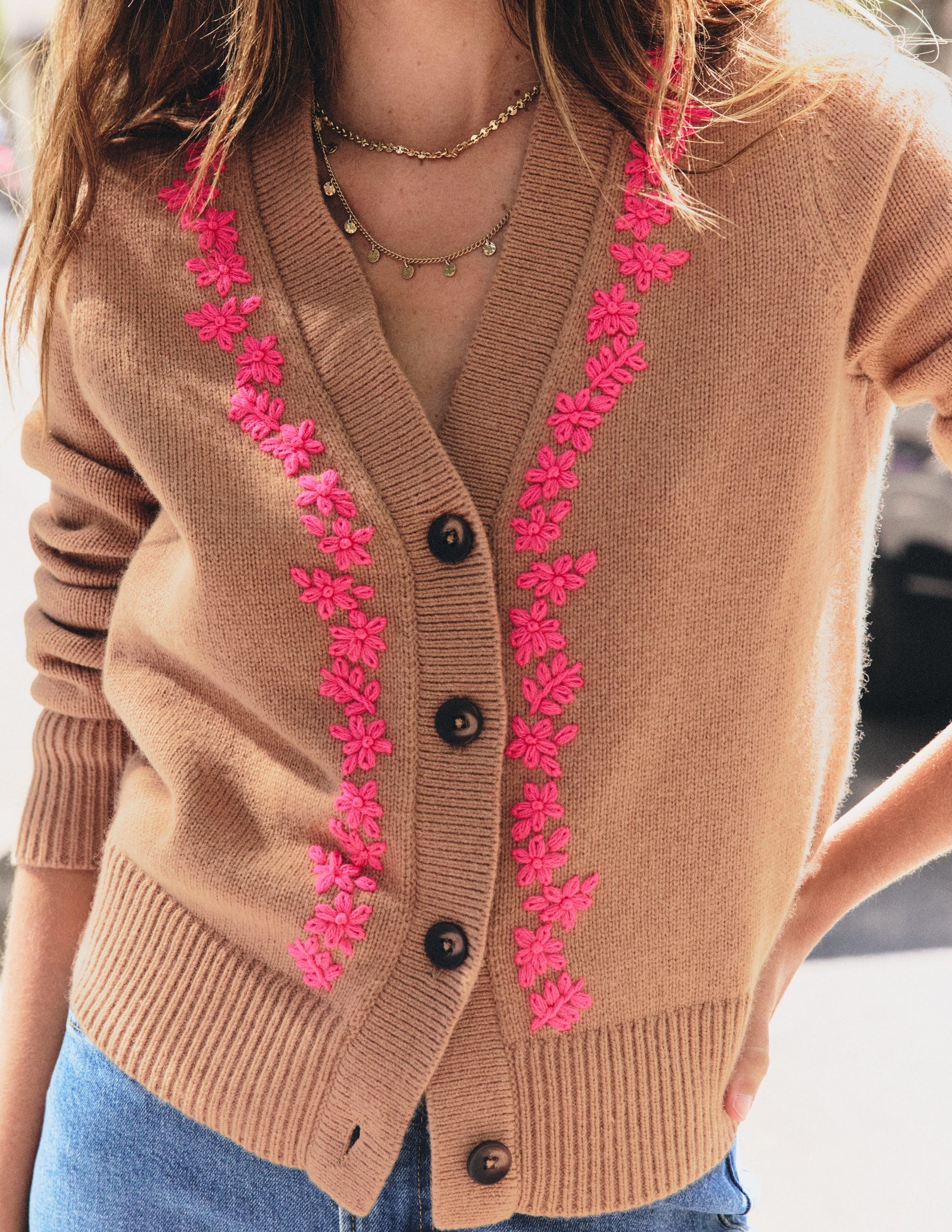 Ella Embroidered Knit Cardigan-Camel, Embroidery-3