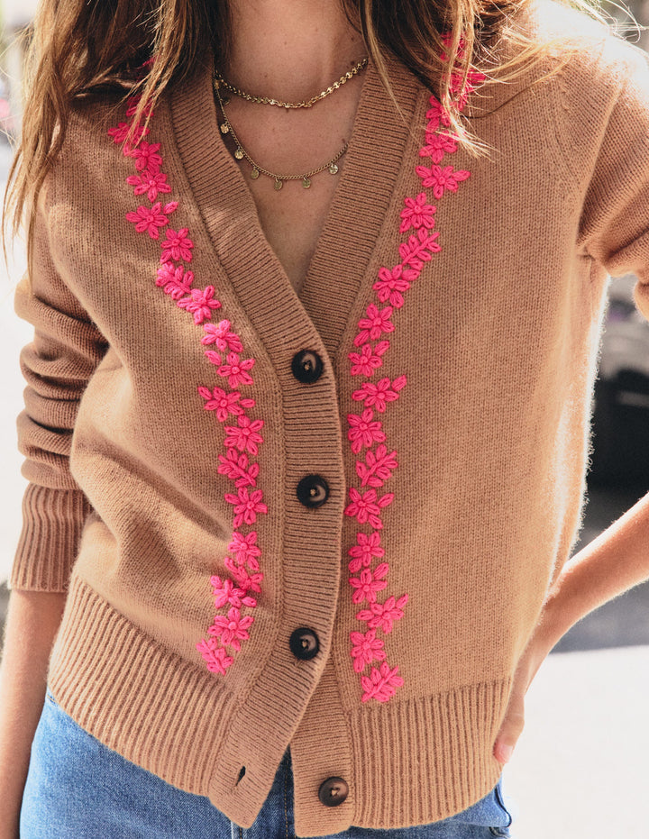 Ella Embroidered Knit Cardigan-Camel, Embroidery