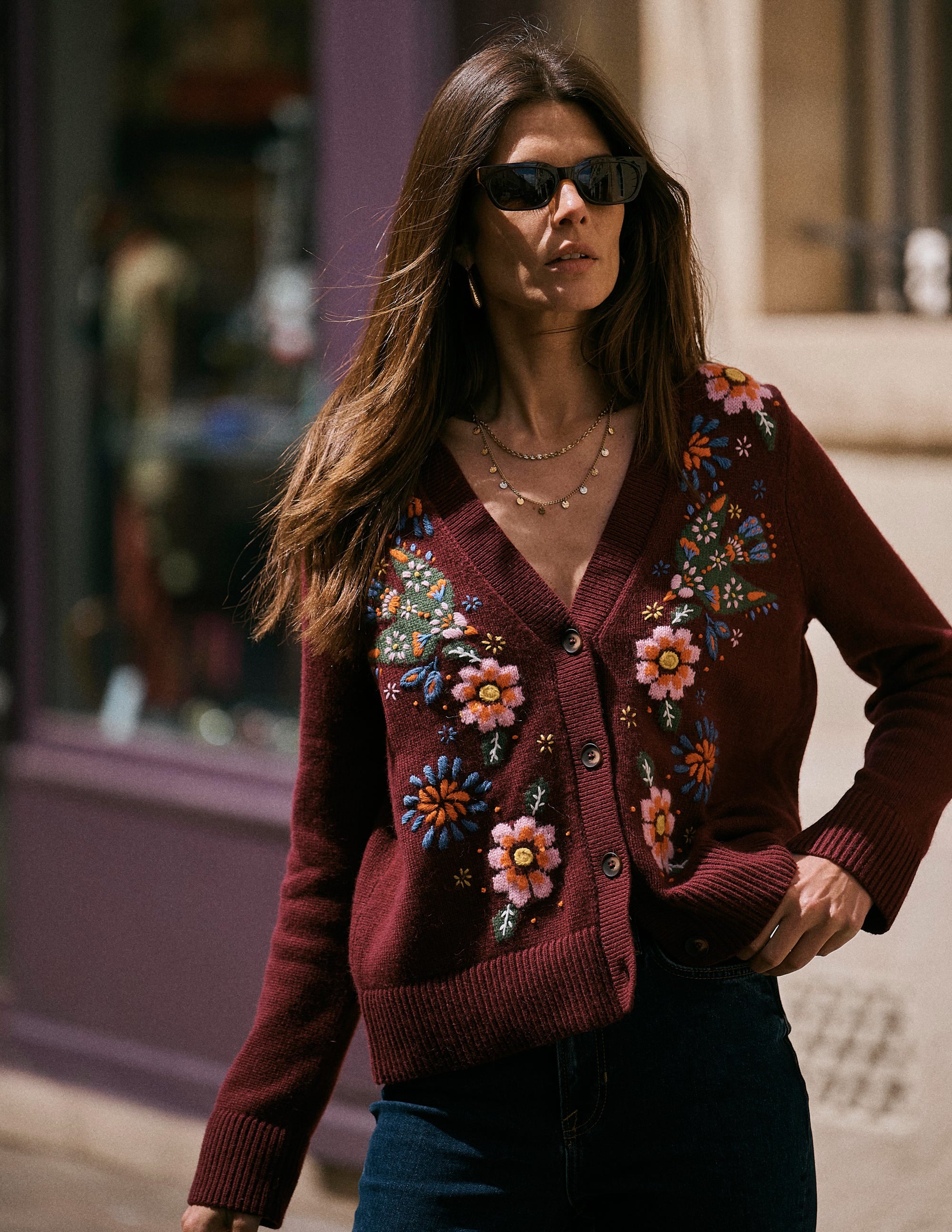 Ella Embroidered Knit Cardigan-Dark Cherry, Embroidery - Image 1