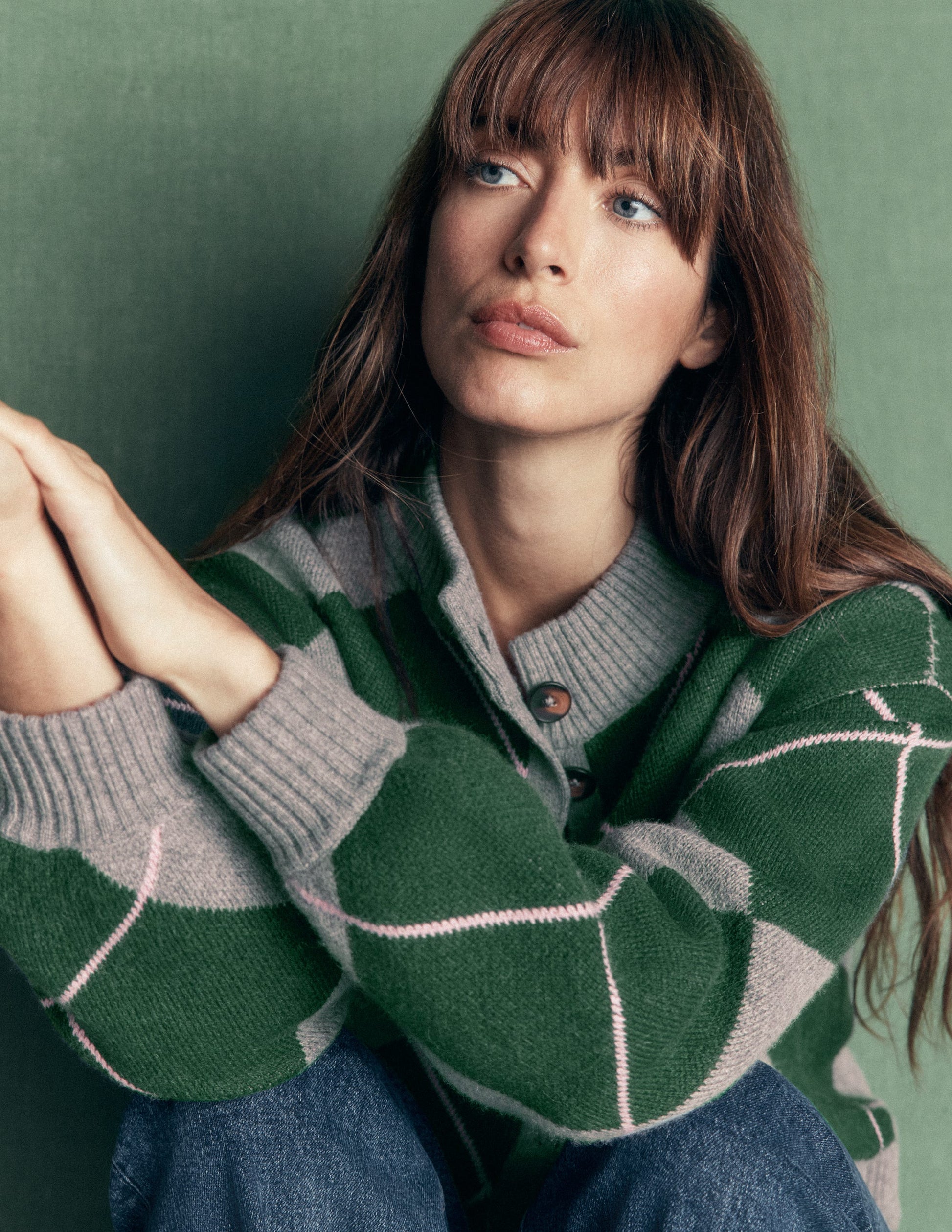 Jemma Jacquard Knit Cardigan-Hunter Green Argyle-3