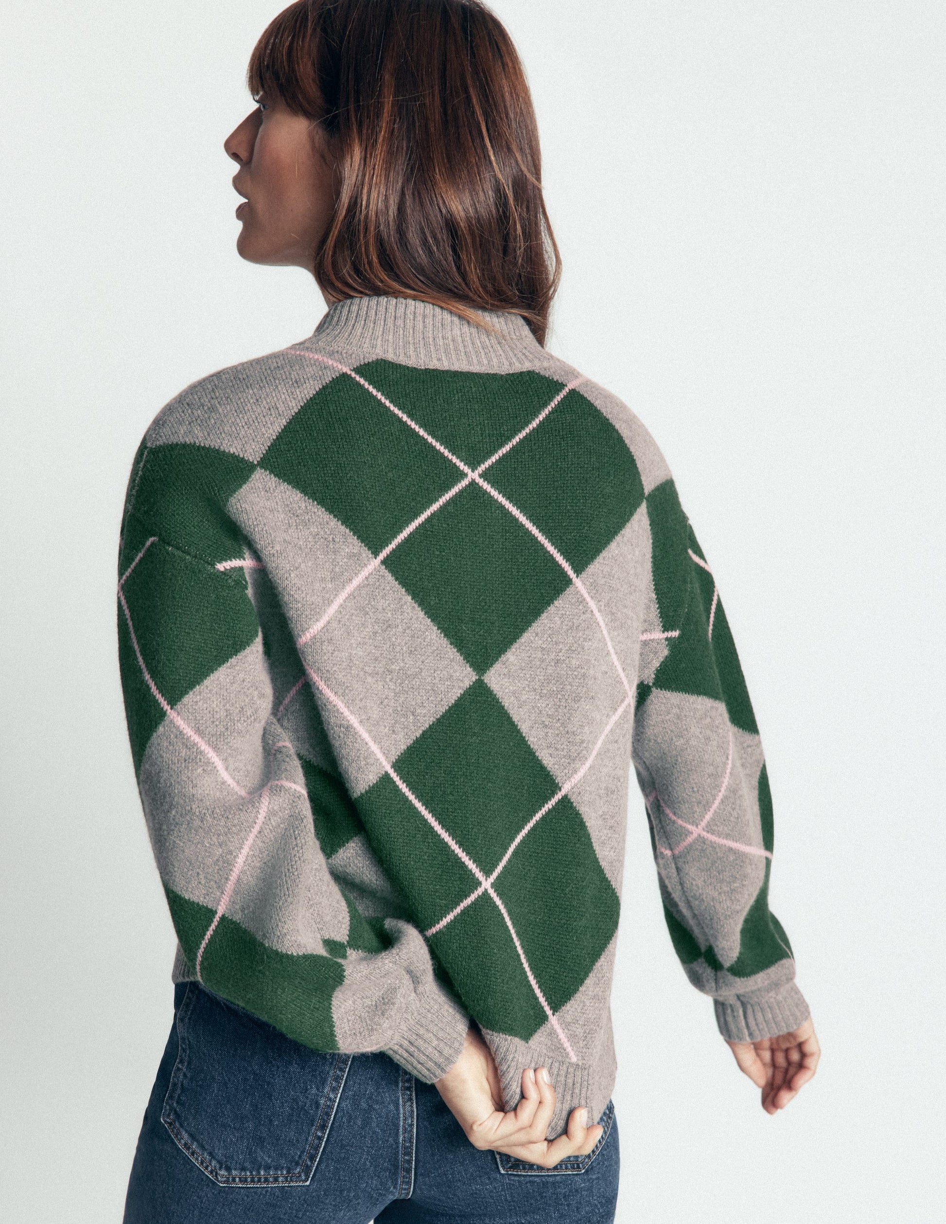 Jemma Jacquard Knit Cardigan-Hunter Green Argyle-4