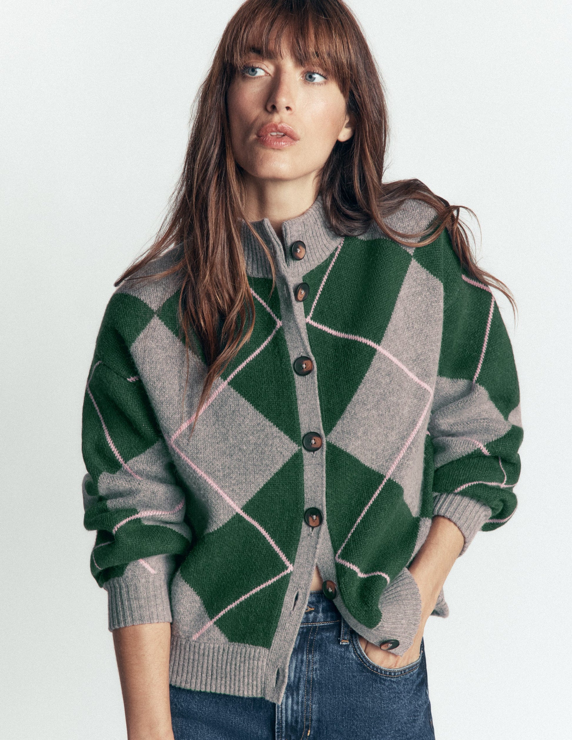 Jemma Jacquard Knit Cardigan-Hunter Green Argyle-5