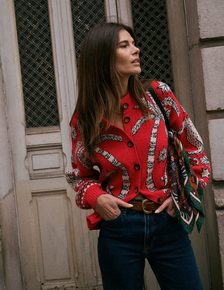 Jemma Jacquard Knit Cardigan-Merida Red Palm Tree