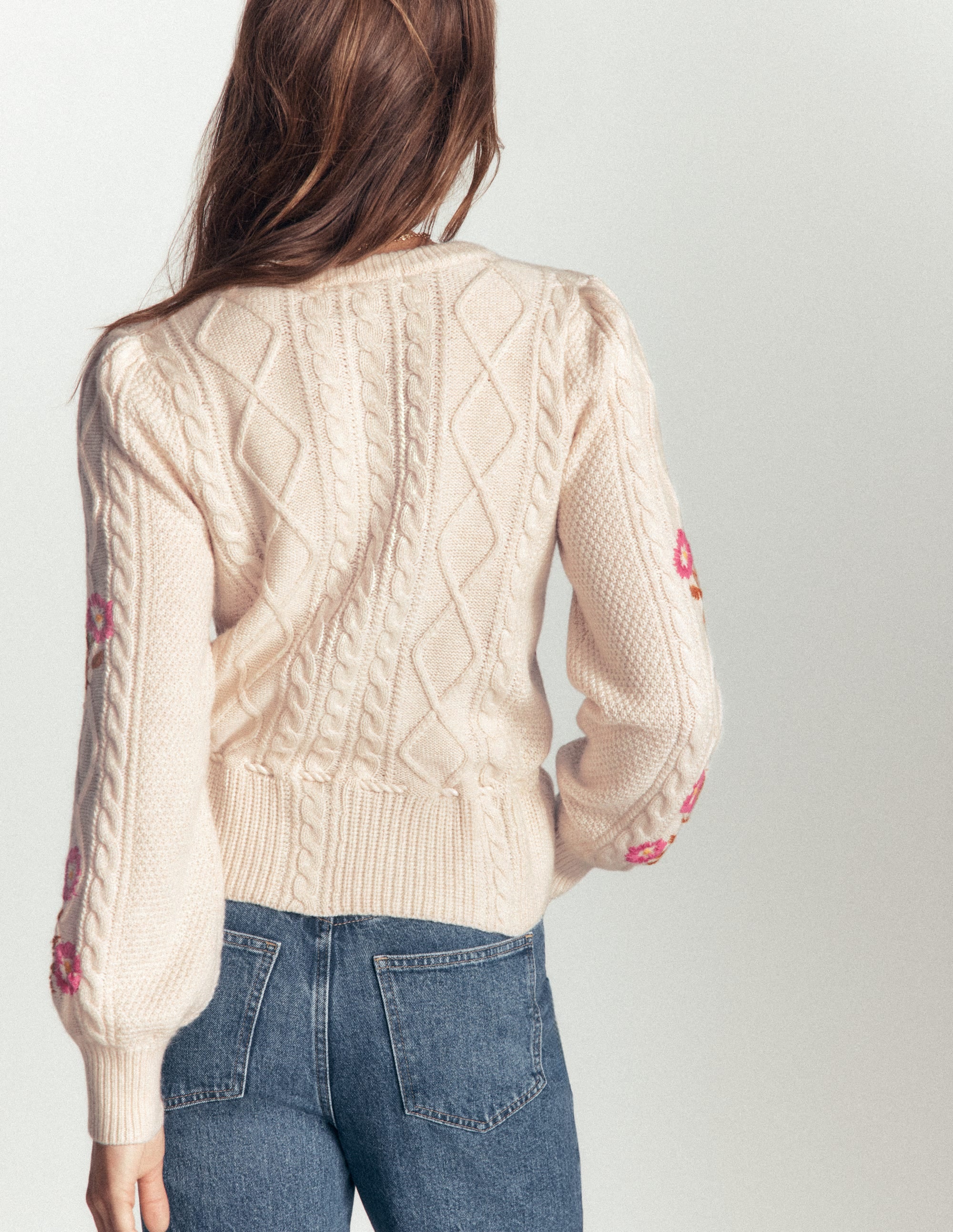 Cable Knitted Cardigan-Ecru Marl, Embroidery - Image 2