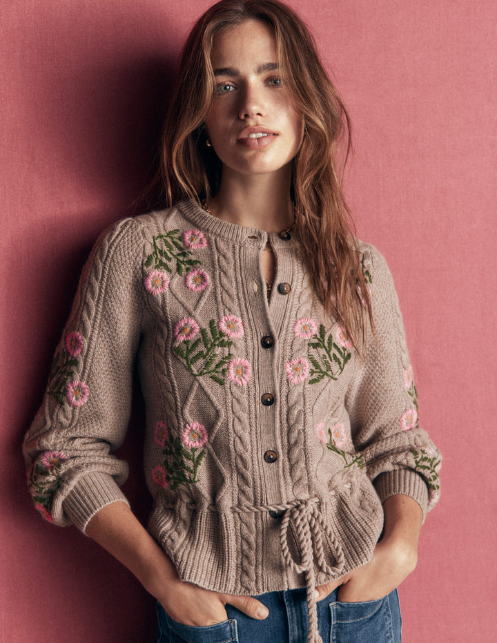 Cable Knitted Cardigan-Mink Melange, Embroidery
