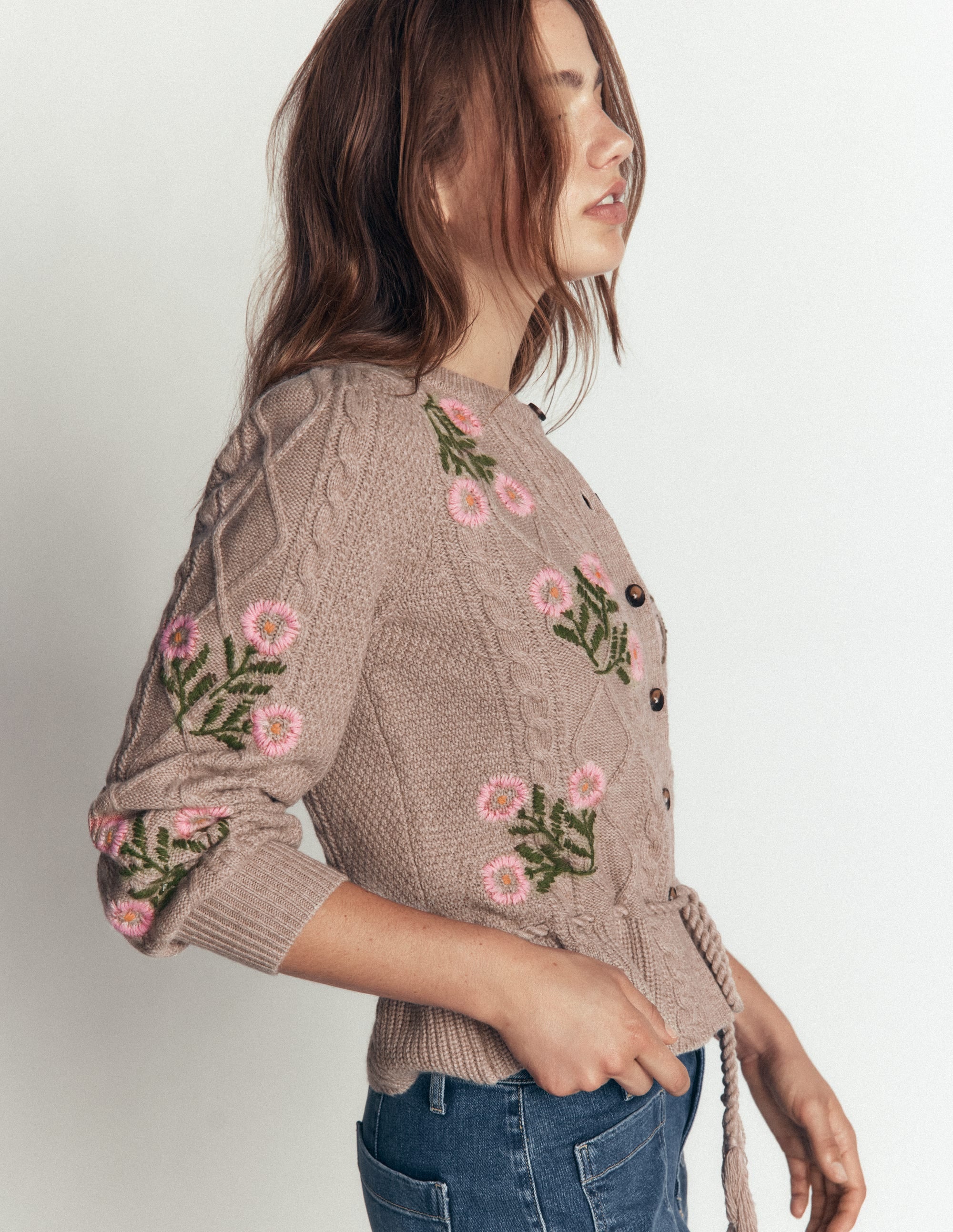 Cable Knitted Cardigan-Mink Melange, Embroidery - Image 3