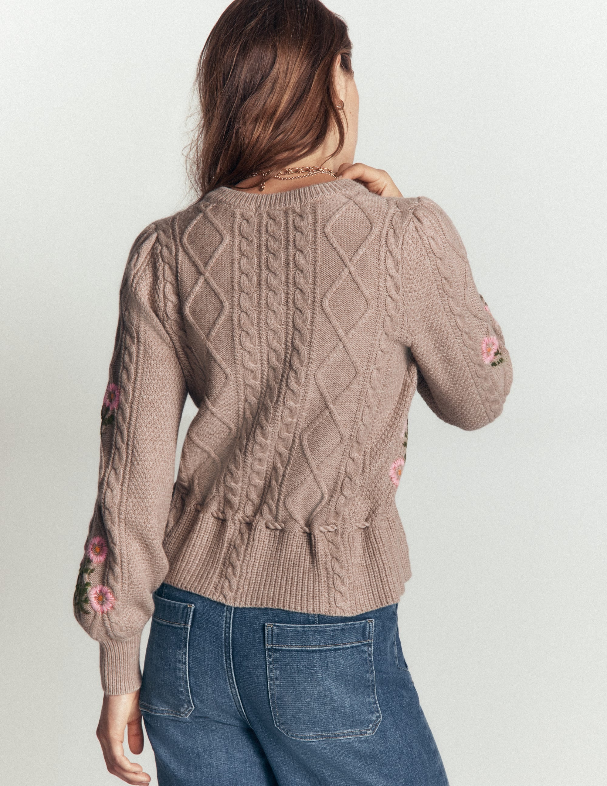 Cable Knitted Cardigan-Mink Melange, Embroidery - Image 4