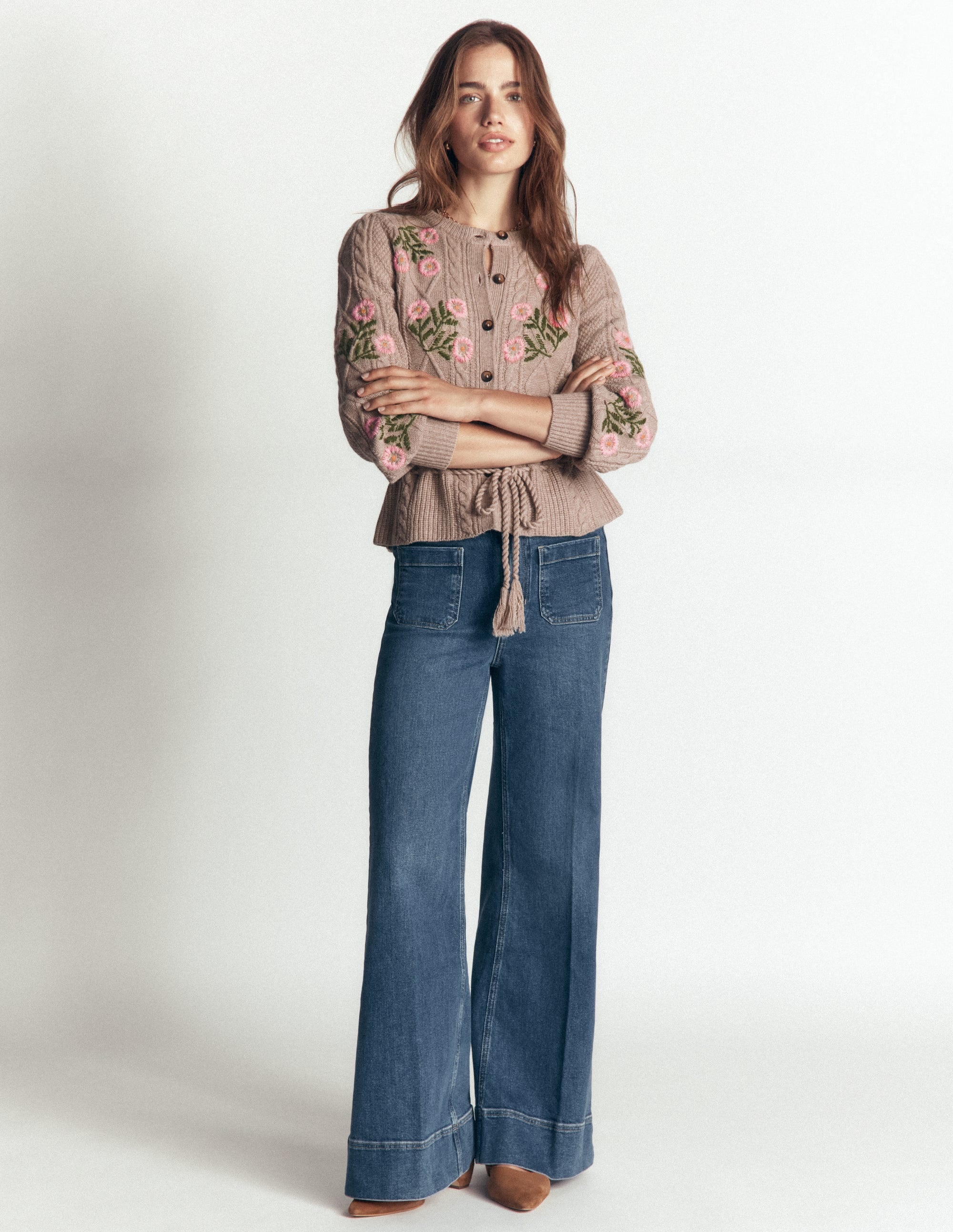 Cable Knitted Cardigan-Mink Melange, Embroidery - Image 5
