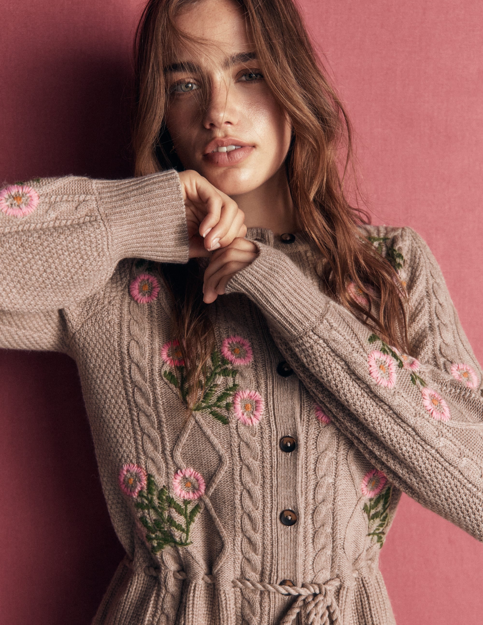 Cable Knitted Cardigan-Mink Melange, Embroidery - Image 6