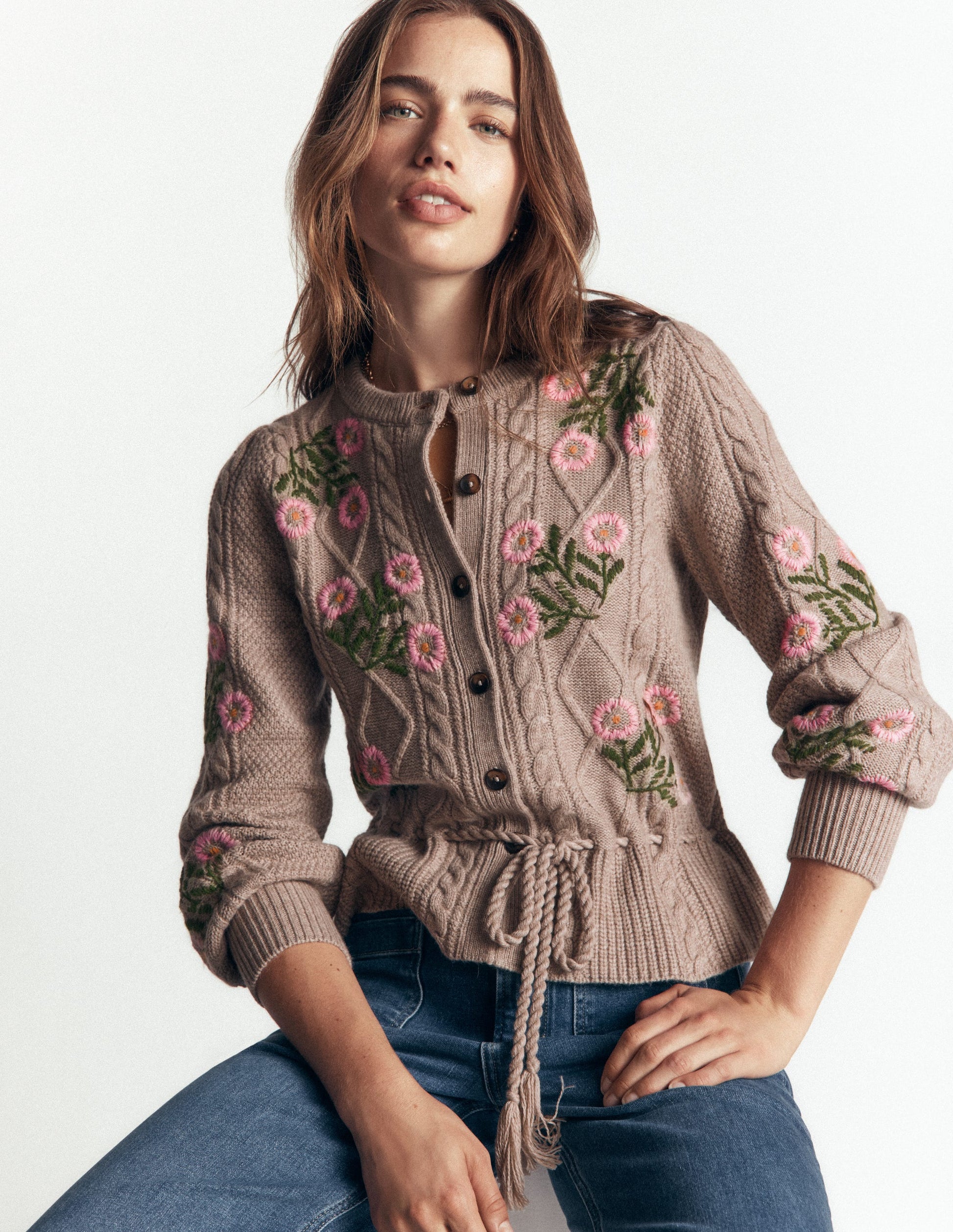 Cable Knitted Cardigan-Mink Melange, Embroidery-8