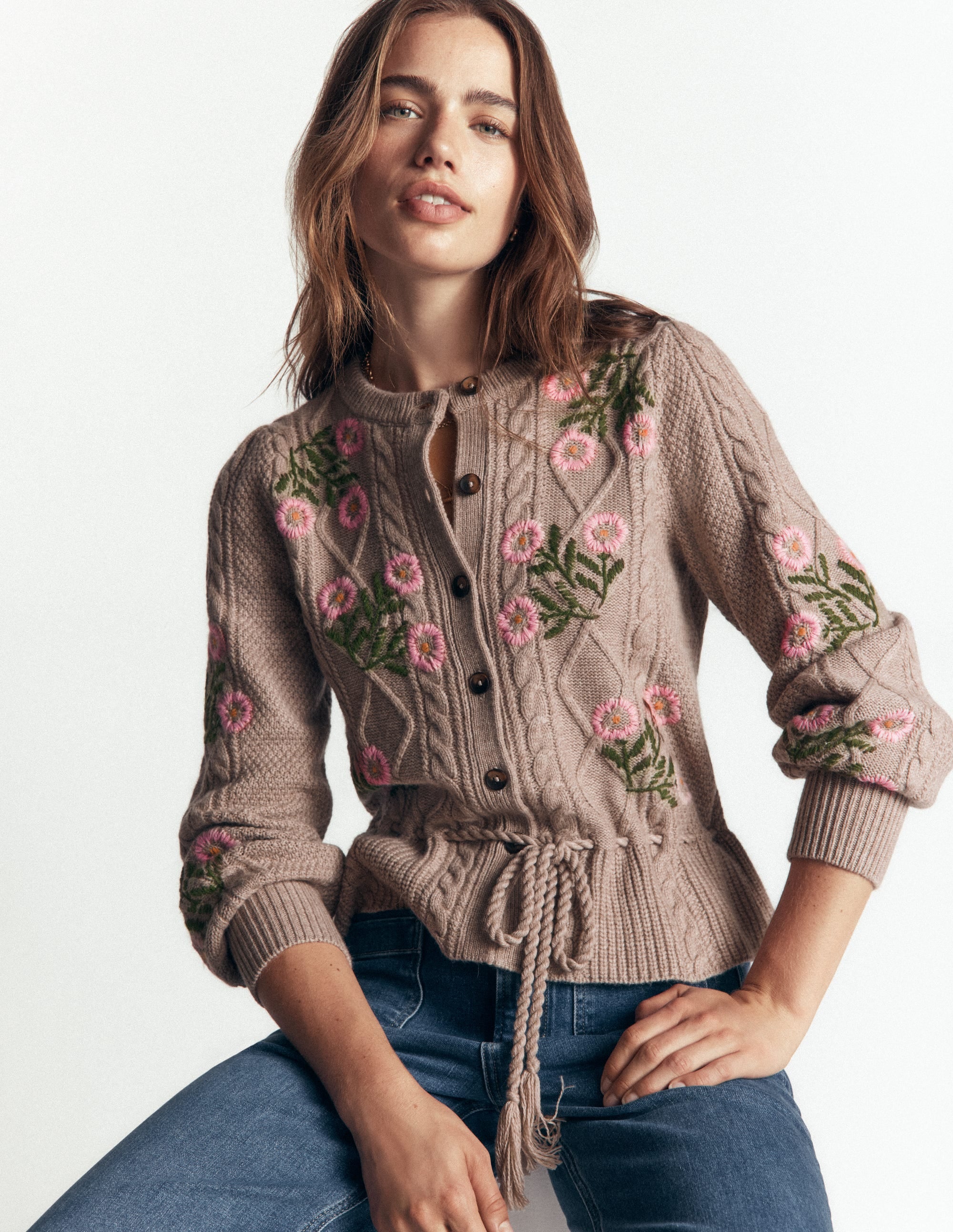 Cable Knitted Cardigan-Mink Melange, Embroidery - Image 7
