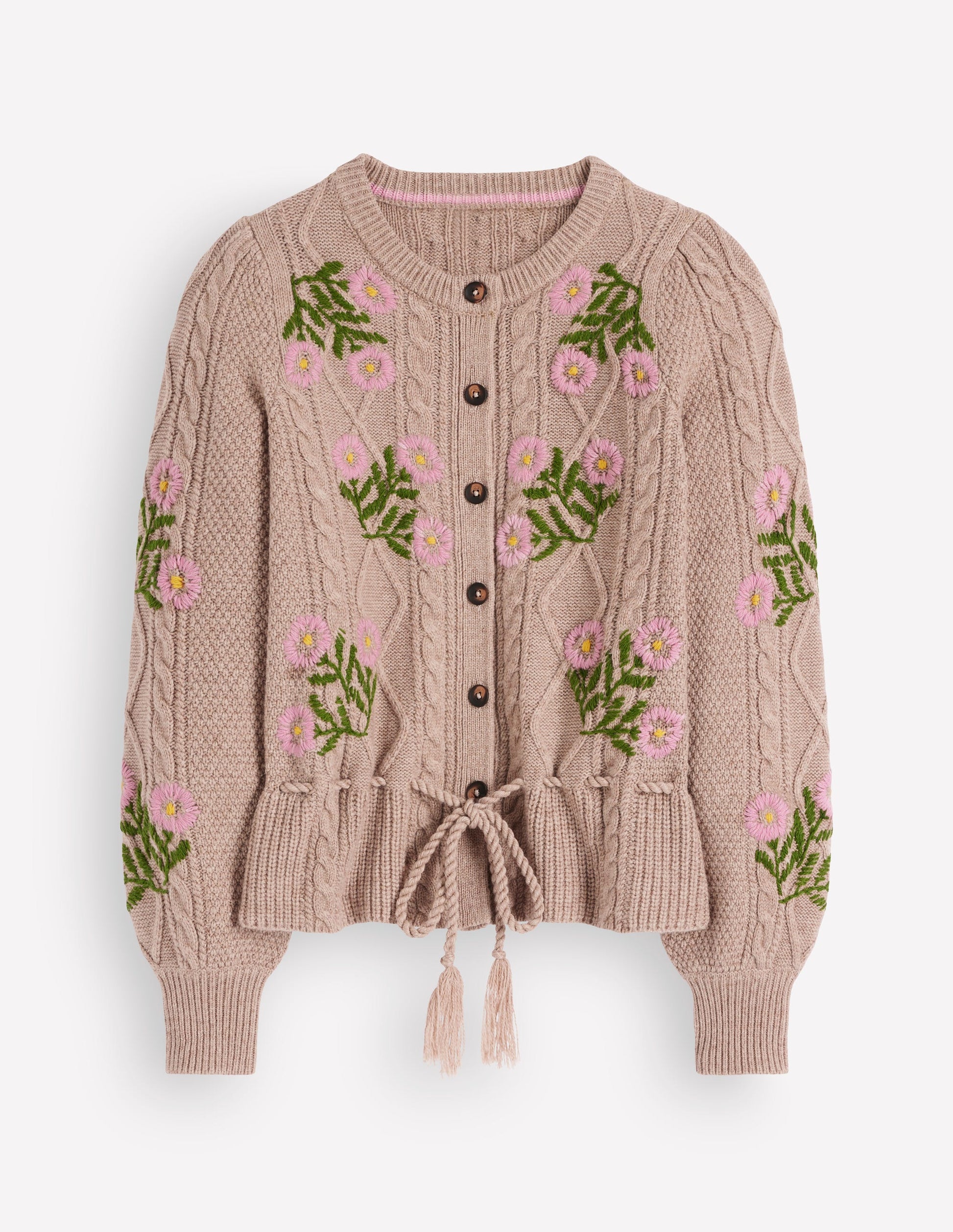Cable Knitted Cardigan-Mink Melange, Embroidery-9