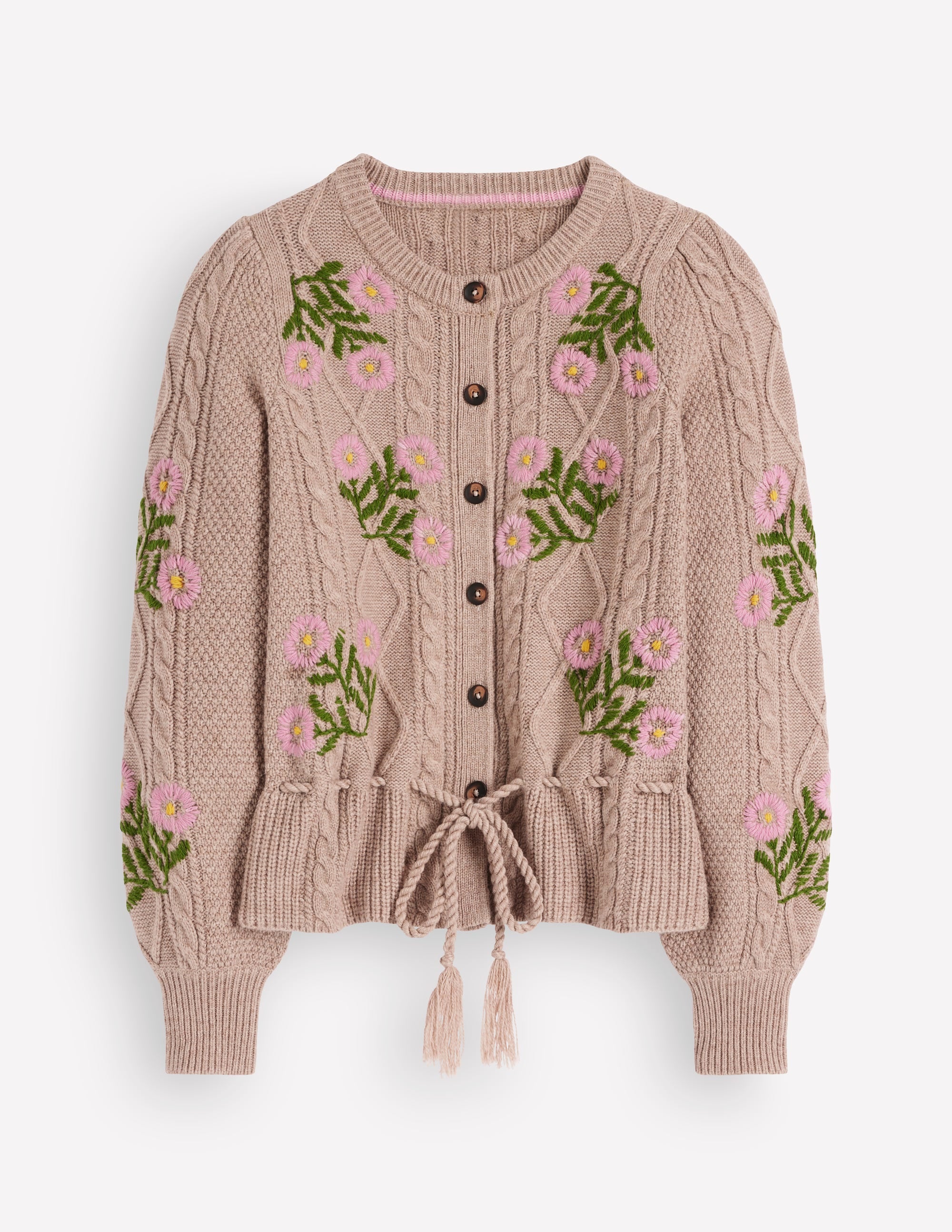 Cable Knitted Cardigan-Mink Melange, Embroidery - Image 8