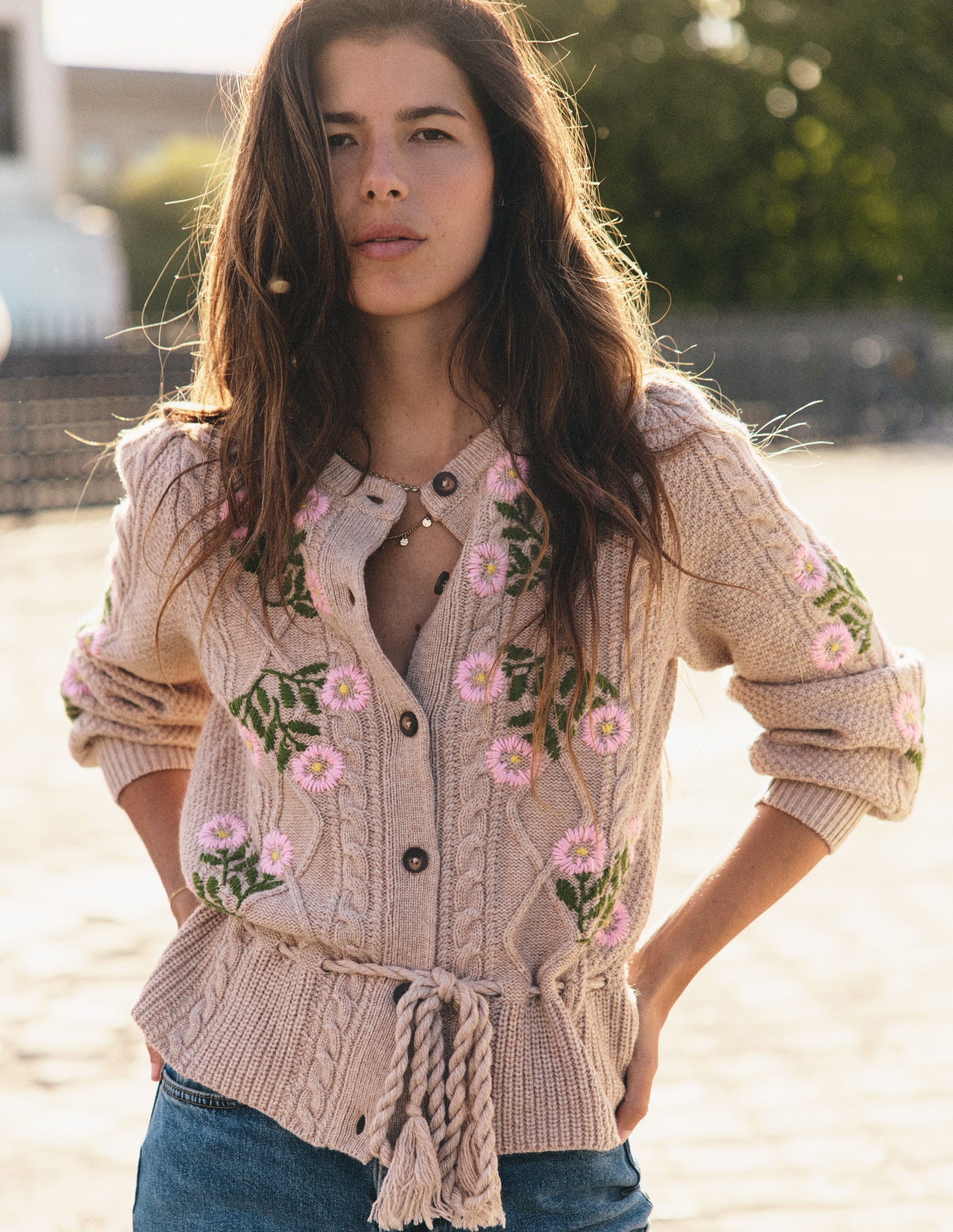 Cable Knitted Cardigan-Mink Melange, Embroidery-1