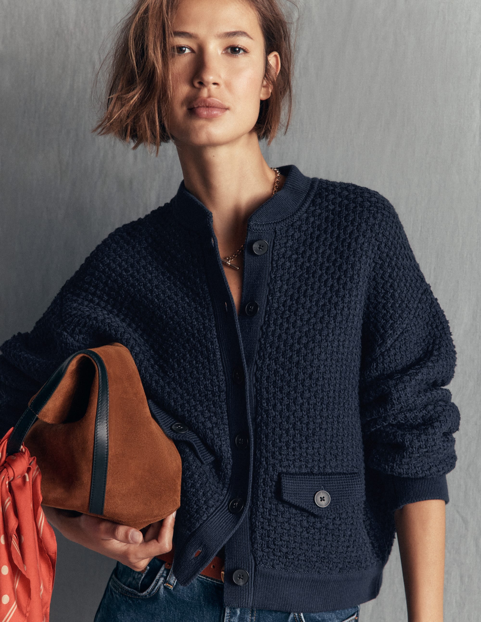 Textured Knitted Bomber Jacket-Navy - Image 1