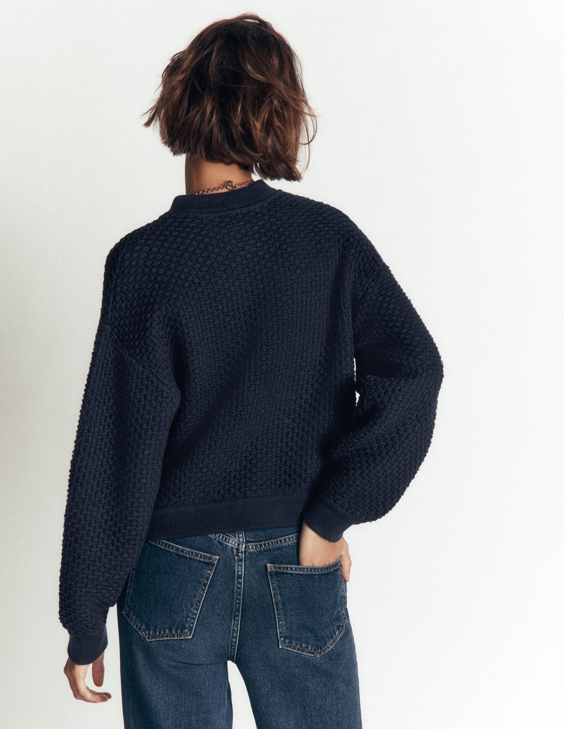 Textured Knitted Bomber Jacket-Navy-3