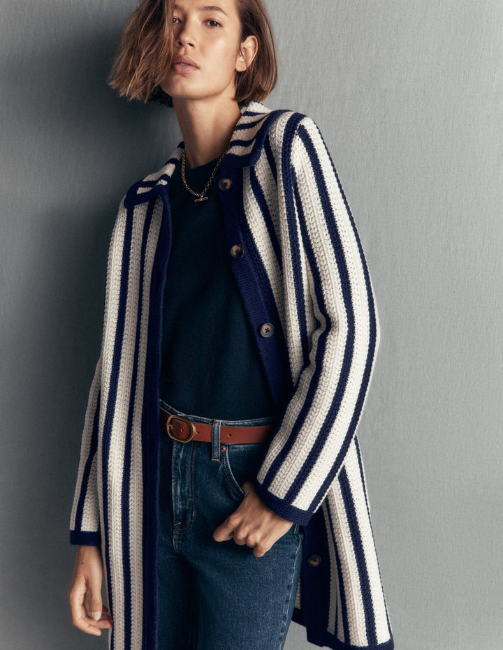 Longline Knitted Coatigan-Ivory, Navy Stripe