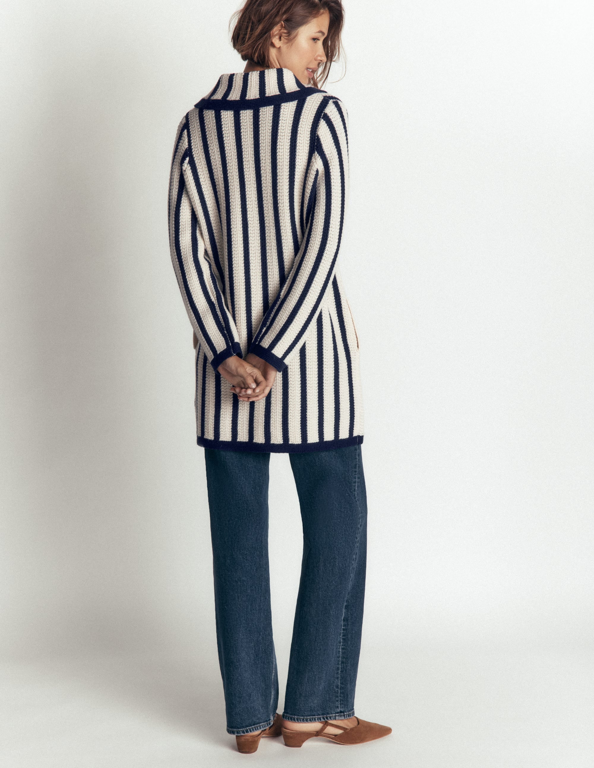 Longline Knitted Coatigan-Ivory, Navy Stripe - Image 3