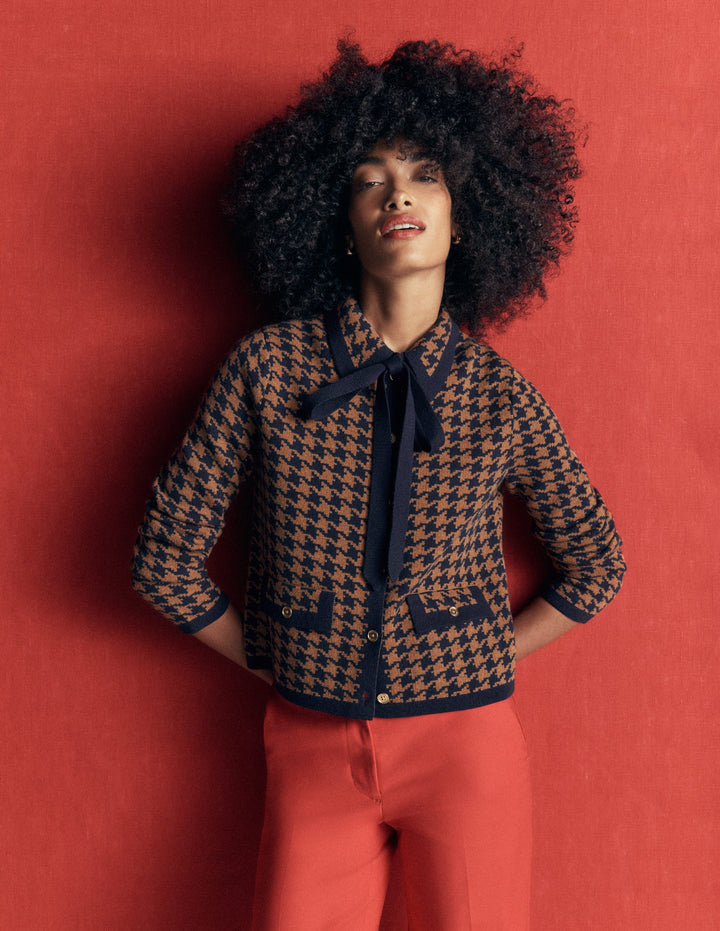 Elizabeth Bow Knitted Jacket-Camel, Dogstooth