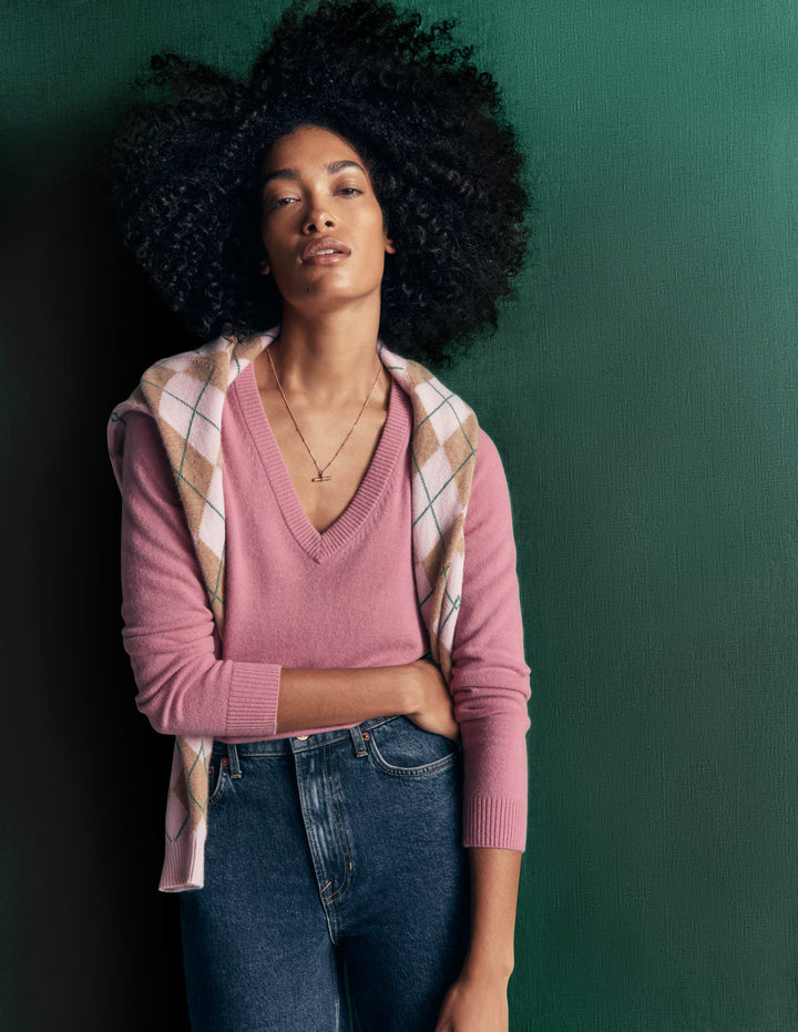 Elsie Cashmere V Neck Sweater-Pink Heather